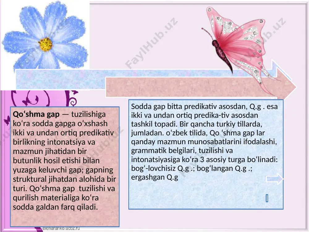 yiq va yig‘iq bo‘lishi mumkin. bu holatlar quyidagi tarzda berilishi mumkin: a) qo‘shma gapning hamma qismlari yig‘iq, masalan, ...xullas, qichqirmasinlar, bobillamasinlar, sayramasinlar...(a.o‘ktam); b) qo‘shma gapning bir qismi yig‘iq va boshqa qismlari yoyiq: so‘kmasman birovni, so‘ktirmasman ham, berganimmas, totgan tuz yodimdadir. (a.o‘ktam) qo‘shma va sodda gaplarning o‘zaro o‘xshash va farqli tomonlari, asosan, shulardan iboratdir. qo‘shma gap tarkibidagi sodda gaplar alohida olingan sodda gaplardan mustaqil emasligi bilan ajralib turishi grammatik va intonasion nomustaqillikka asoslanadi. qo‘shma gapning tarkibidagi bog‘lovchi vositalariga ko‘ra tasnif bu tasnif sof shakliy bo‘lib, gap orasidagi ma’noviy bog‘lanish qanday qo‘shimcha (shakliy) vosita bilan ta’minlanishiga tayanadi. bu asosga ko‘ra qo‘shma gapning quyidagi turlari ajratiladi: a) faqat ohang bilan bog‘langan qo‘shma gap; b) yuklamalar vositasida bog‘langan qo‘shma gap; d) teng bog‘lovchilar vositasida bog‘langan qo‘shma gap; e) ergashtiruvchi bog‘lovchilar vositasida bog‘langan qo‘shma gap; f) nisbiy so‘zlar vositasida bog‘langan qo‘shma gap. hozirgi o‘zbek adabiy tili r.sayfullayeva ziyo.net foydalanilgan adabiyotlar image2.png image3.gif image4.jpg image5.gif image6.jpg …