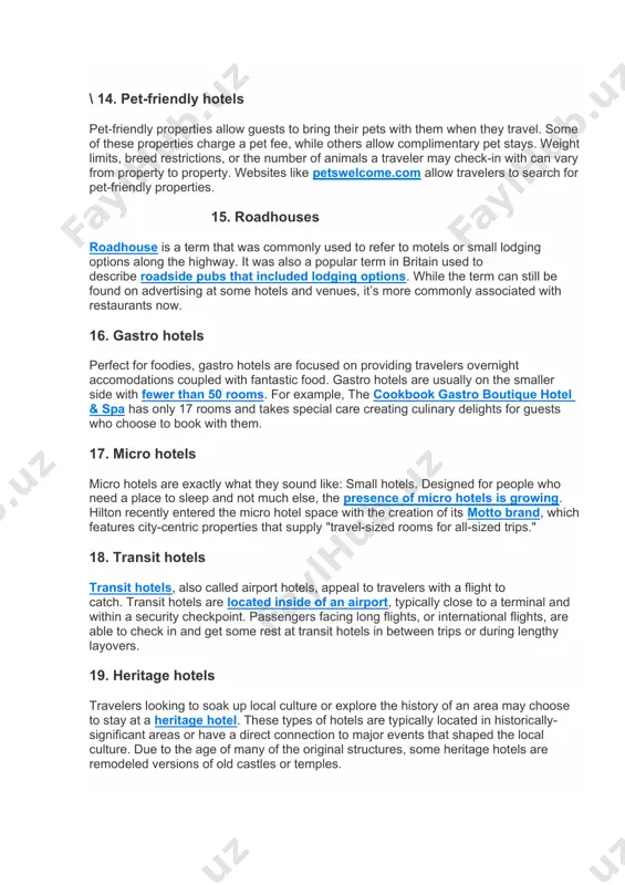 for travelers. 11. eco hotels an eco hotel — also commonly referred to as a green hotel or sustainable hotel — is a type of hotel that puts a lot of focus on operating in an environmentally-friendly and sustainable manner. eco-friendly hotels promote green initiatives, such as utilizing solar power and reducing waste, and make it a priority to reduce their environmental impact. 12. casino hotels casino hotels are located in — you guessed it — casinos! they typically offer overnight guest rooms, access to an in-house casino, and often include a variety of restaurants, bars, activities, and shopping options for guests. 13. pop-up hotels stylish and trendy, pop-up hotels are temporary lodging options that “pop up” for a short period of time. pop-up hotels are appealing to travelers seeking new experiences, or those who want to enjoy “untouched” locations. the exclusivity of these types of hotels makes them appealing …