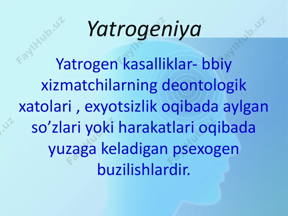 nevroz , psixoz, nevrosteniya, isteriya, fobiya, depressiya , voxima xissi , depressiv va epoxondrik buzilishida namoyon bo’ladi dorili yatrogeniya infeksion yatrogeniya tibbiy muolajalar natijasida infeksion kasalliklarni yuqtirish travmatik yatrogeniya bemorlarga fizik va mexanik faktorlar ta’siri natijasida tibbiy jaroxat yetkazish. bu guruxga quyidagilar kiritiladi: xirurgik monipulyatsion tibbiyotda to’satdan olingan travmalar, kuyish (nur, termik, kimyoviy) va travma oqibatlari yatrogeniya ahamiyati, dolzarbligi, hozirgi zamonning “agressiv” tibbiyot bilan bog’liqligi tib amaliyotida yatrogen kasalliklarga sabab bo 'ladigan 4 asosiy omilni nazarda tutish kerak: 1. bemorning anamnezini y’ig'ish. 2. bemorning ichki holatini o'rganish. 3. laborator tahliliga baho berish. 4. tashxis va kasallik oqibatini aniqlash. o'zaro muloqot chog'ida bemorning oldin boshidan kechirgan kasalliklariga ham katta ahamiyat berish zarur, shuningdek, kasallik etiologiyasini va patogenezini o'rganishda bemorni ta'sirlab qo'yishdan ehtiyot bo'lish kerak. ayniqsa, xavfii o'sma, yurak xastaligi va uyida, yaqinlarida ruhiy kasalligi mavjud bo'lgan bemorlarga nisbatan nihoyatda ehtiyotkorlik va muloyimlik bilan muomala qilish talab etiladi. ba'zi yatrogen kasalliklarning paydo …