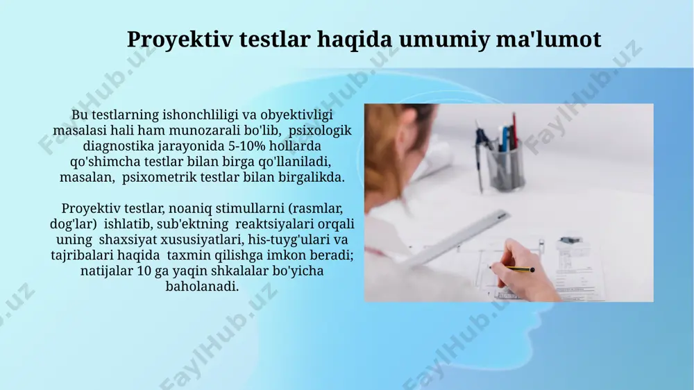 'zbekistonning turli mintaqalaridagi psixiatriya muassasalarida qo'llaniladi. tatni talqin qilishdagi muammolar tatni talqin qilishda subyektivlik yuqori darajada bo'lib, turli psixologlarning 20-30% gacha farq qiluvchi baholari amerika va yevropa mamlakatlaridagi tadqiqotlarda qayd etilgan. testning 31 ta rasmlari universal emas va turli madaniy kontekstlarda, masalan, o'zbekiston va yaponiya kabi mamlakatlarda, turlicha talqin qilinishi mumkin. tat va shaxsiyatning turli jihatlari samarqanddagi tadqiqotlar shuni ko'rsatdiki, tat yordamida shaxsning 5 ta asosiy xususiyati: o'ziga bo'lgan munosabati, ijtimoiy munosabatlari, muammo yechish usullari, his-tuyg'ulari va qadriyatlar tizimi haqida ma'lumot olish mumkin. tat testi, 20 dan ortiq noaniq rasmlar orqali shaxsning yashirin ehtiyojlari, motivatsiyalari va qarashlarini, masalan, qahramonlararo munosabatlarni tahlil qilish orqali toshkentdagi psixologlar tomonidan aniqlash imkonini beradi. tat va boshqa psixologik testlar bilan taqqoslash tat, rorschach testiga o'xshab, bevosita javoblar emas, balki individual fikrlash uslubi va chuqur psixologik jarayonlarni ochib berishga qaratilgan bo'lsa-da, interpretatsiyasi ancha murakkab va malakali mutaxassisni talab qiladi. masalan, 7 ball shkalasi yordamida baholanadi. tat, …