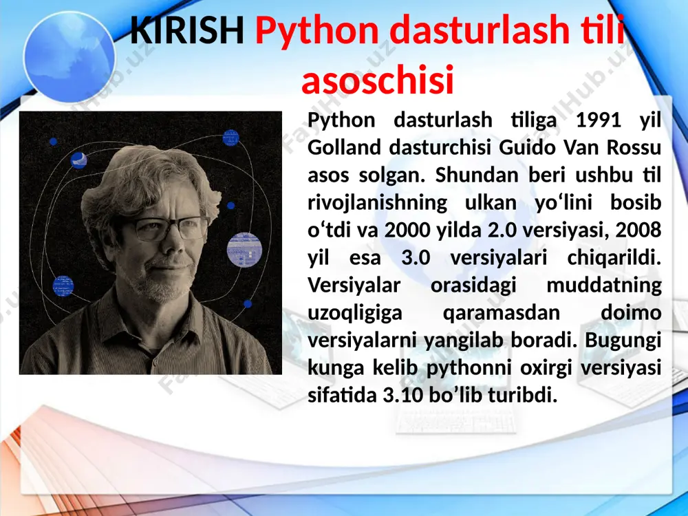 osligi interpretatsiya (lotincha: interpretatio — vositachilik) — algoritmik tillarda yozilgan dasturlarni mashina tiliga tarjima qilish usuldarilan biri. bu usulda dasturning ayrim qismlari (mas, buyruqlar) tarjima qilinishi bilanoq bajaridali va dasturping boshqa qismlari bilan ham shu jarayon takrorlanadi. qaysi dasturni o’rgangan maqul ? python dasturlash tili barcha dasturlarni qamrab olgan bo’lib asosan kompyuter uchun dasturlar tuzishda va sun’iy intellekt yaratishda ishlatiladi. python c++ tili operatsiyon tizimlarga aloqador qisimlarni, klient-server dasturlarni, ehm oʻyinlarini, kundalik ehtiyojda qoʻllaniladigan dasturlarni va shu kabi turli maqsadlarda ishlatiladigan dasturlarni ishlab chiqarishda qoʻllaniladi. c++ php:hypertextpreprocessor „gipermatnli protsessor“) skript tili boʻlib, web serverda oʻzgaruvchan html fayllarini yaratishda qoʻllaniladi php “sun” firmasi ma`lumotiga ko`ra, 3 mlrd atrofidagi qurilmalar java dasturini ishlatadi. mana ulardan ba`zilari: -shaxsiy kompyuter dasturlari – acrobat reader, media-pleyer, antiviruslar va boshqalar. -web-dasturlar -korxona-tashkilotlar dasturlari (enterprise applications) – bank yoki ishlab chiqarishga oid dasturlar -mobil dasturlar -smart kartalar -robotlar -o`yinlar (androidlar uchun) pythonni boshqa dasturlar bilan solishtirganimizda c++ …