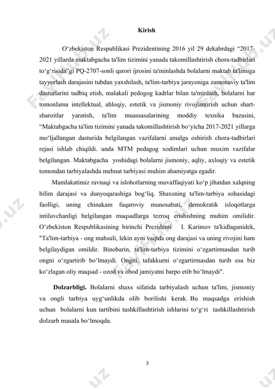 hikoya • tushuntirish • savol —javob • bilimlarni mustahkamlash uchun o‘yin kurs ishining tarkibiy tuzilishi. ushbu ish kirish, ikki bob, 1 bobda 2 ta, 2 bobda 2 ta qism, xulosa, foydalanilgan adabiyotlar ro‘yxatidan iborat. 1-bob.mashgʼulot samaradorligini oshirishda tarbiyachining tayyorgarligi va unga qoʼyiladigan talablar 1.1maktabgacha yoshidagi bolalarga ta'lim berishning o‘ziga hosligi ta'lim – maktabgacha yoshdagi bolaning bilish kobiliyatlarining muntazam – rejali ravishda rivojlantirib borish, mtt ning talim- tarbiya dasturida belgilangan eng oddiy bilimlar sistemasi bilan qurollantirish, malaka va ko‘nikmalarni shakllantirishdan iborat. maktabgacha ta'lim yoshdagi bolalarga akliy tarbiya berishda ta'lim yetakchi rol o‘ynaydi. chunki u ta'lim jarayonida akliy tarbiyaga doir hamma masalalar hal etiladi. ta'lim – bolalarga izchillik bilan bilim berishni, bu bilimlarni aniqlash va sistemalashtirishni, bilish jarayonlarini, tafakkur faolligini rivojlantirishni nazarda tutadi. ta'lim kuzatuvchanlik, qiziquvchanlik va aqlning singchkovlik, ziyraklik, tanqidiylik kabi sifatlarni rivojlantirishga yordam beradi. ta'lim jismoniy, estetik va mehnat tarbiyasini muvaffaqiyatli amalga oshirish uchun ham zarurdir. mttda bolalarga madaniy – …