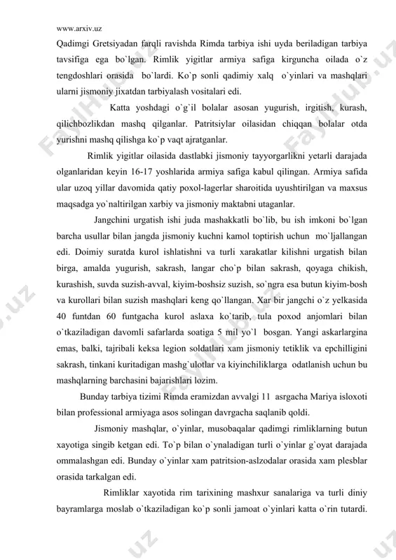 yinlar xam patritsion-aslzodalar orasida xam plesblar orasida tarkalgan edi. rimliklar xayotida rim tarixining mashxur sanalariga va turli diniy bayramlarga moslab o`tkaziladigan ko`p sonli jamoat o`yinlari katta o`rin tutardi. rimda jamoat o`yinlarini o`tkazish uchun eramizdan avvalgi vi-asrdayoq podsho tarkviniy prisk tomonidan katta sirk kurilgan edi. keyinroq, eramizdan avvalgi iii-asrda ikkinchi sirk-flaminiylar sirki qurilgan edi. rim o`yinlari-patritsian aslzodalarning bayrami xisoblangan eng qadimgi o`yinlar, eng ommalashgan sirk o`yinlari qatoriga kirardi. eramizdan avvalgi vi-asrdan boshlab respublika o`rnatilgandan keyin plebey o`yinlari keng tarqalgan. eramizdan avvalgi v-asrdan boshlab uch kecha-yu, uch kunduz davom etadigan yuz yillik o`yinlar zur dabdaba bilan utkazila boshlandi. bu o`yinlarni konsul valeriy noplikoloyu yaratgan bo`lib, yuz yilda bir marta uyushtirilgan. bu o`yinlar dasturiga musobaqalarning ko`pgina turlari kiritilgan. otliklar musobaqalari va kush gildirakli aravada chopish eng sevimli o`yinlardan bo`lgan. ko`pincha o`yinlar dasturiga yuguruvchilar, kurashuvchilar, mushtlashuvchilarning musobakalari xam kiritilgan. tomoshalarni tashkil etuvchilar, tomoshalarni uyushtirish vaktida an`anali kadimgi rim o`yinlari dasturi bilangina cheklanib qolmasdan tomoshalarning …