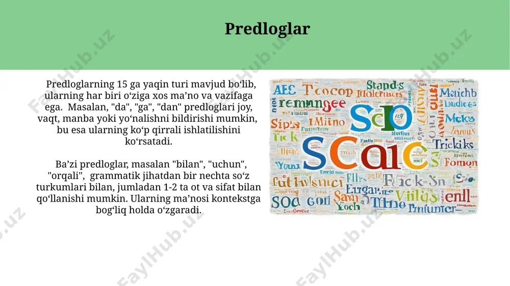 emantik guruhi, jumladan, joy, vaqt, miqdor, tarzda, sabab, maqsad va holat ravish guruhlari ta'riflangan. ularning har biri 10 dan ortiq turdosh so'zlarga ega. ravishalar, o'zbek tilida nutqning 8 ta asosiy qismidan biri hisoblanadi va fe'lga bog'liq holda, gapda turli xil sintaktik vazifalarni, masalan, to'ldiruvchi (1-topshiriqda 5 ta misol keltirilgan) yoki aniqlovchi vazifasini bajarishi mumkin. olmoshlar son olmoshlari, "bir necha", "ko‘p", "oz" kabi miqdorlarni bildiradi va jumlada 2-3 ta son olmoshi bir vaqtda ishlatilishi mumkin, bu esa gapning mazmunini aniqroq ifodalashga yordam beradi, masalan, samarqand viloyatida. olmoshlar, 8 ta asosiy turga bo‘linadi va ular jumlada ot, sifat, fe'l va boshqa so‘z turkumlarining o‘rnini egallaydi, masalan, "men", "sen", "u", "biz", "sizlar" kabi shaxs olmoshlari toshkent shahrida keng qo‘llaniladi. bog'lovchilar o'zbekistonning turli hududlarida, masalan, samarqand va buxoro viloyatlarida, mahalliy shevalarda bog'lovchilarning ishlatilishiy hamda 5 ta qo'shimcha shakllarining mavjudligi kuzatiladi. bog'lovchilarning ma'noviy guruhlanishi, ya'ni qarama-qarshilik, sabab-oqibat va vaqt bog'lovchilari kabi 3 asosiy guruhga bo'linishi, …