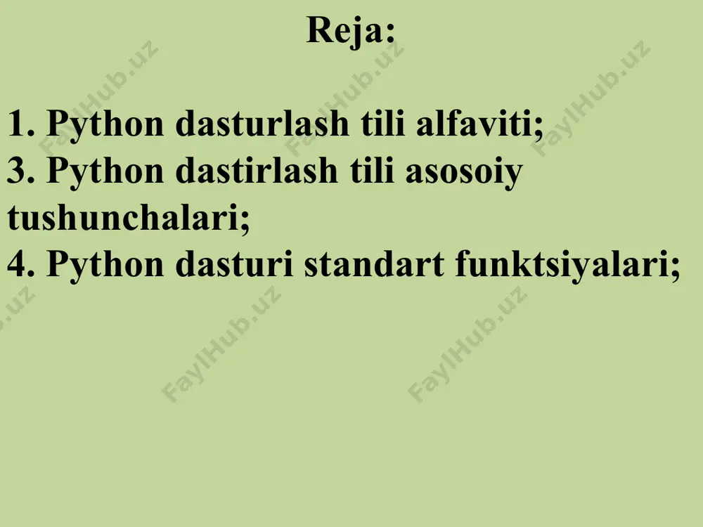 import qilish global funktsiya ichida aniqlangan o'zgaruvchining qiymatini ushbu funktsiyadan tashqarida o’qiy olish imkonini beradi if agar import modulni import qilish in to’plamga tegishlilikni aniqlash is bir xil kattaliklarni aniqlash lambda anonim funjtsiyalarni aniqlash not mantiqiy inkor or mantiqiy yoki return natijani qaytarish try istisnoni aniqlagach buyruqni bajarish while while tsikli yield funktsiya –generatorni aniqlash amal belgisi – operandlar ustida bajariladigan amal belgilari. amallar ishtirok etadigan operandalar soniga ko'ra unar, binar va ternar turlarga bo'linadi. o`zgarmaslarga qiymati o`zgarmaydigan kattaliklar kiradi. butun, haqiqiy, belgili va satr turidagi o`zgarmaslar mavjud. o'zgaruvchi -ma'lum bir turdagi ma'lumotlar saqlanadigan xotiraning nomlangan maydoni. dastur davomida o'zgaruvchining qiymati o'zgarishi mumkin. ishlatishdan oldin har qanday o'zgaruvchini e'lon qilish kerak, ya'ni, nomi, turi va boshlang'ich qiymati e`lon qilinadi. sharh - bu dastur natijasiga ta'sir qilmaydigan va dasturchilar tomonidan dastur kodini tushuntirish uchun ishlatiladigan matn. python sharhlarining 2 turi mavjud: bir qatorli va ko'p qatorli. bir qatorli sharhlar reshetka belgisi …