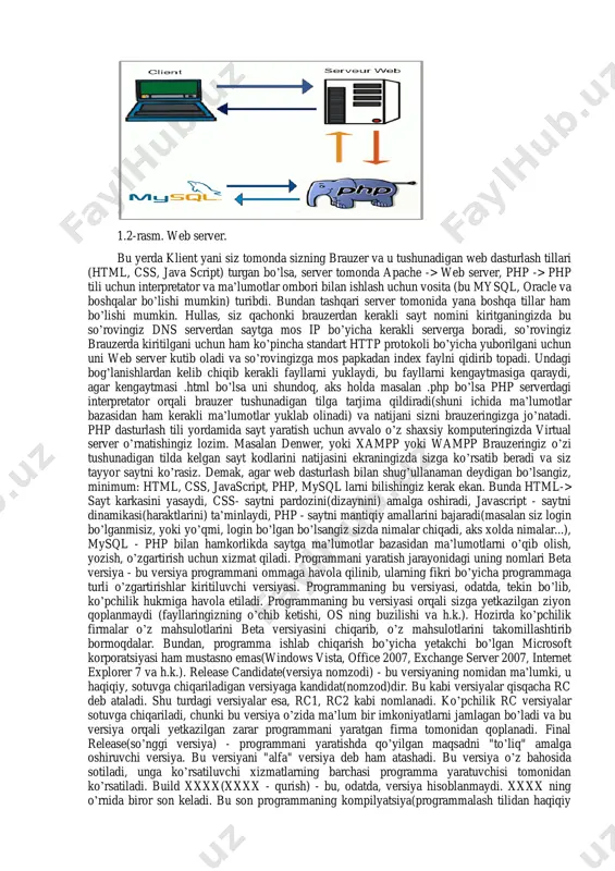 6.0 1998 yilda reliz kelishdi. microsoftdan voris visual basic .net 2002 yilda paydo bo’ldi. java dasturlash tili - eng yaxshi dasturlash tillaridan biri bo’lib unda korporativ darajadagi mahsulotlarni(dasturlarni) yaratish mumkin.bu dasturlash tili oak dasturlash tili asosida paydo bo’ldi. oak dasturlash tili 90-yillarning boshida sun microsystems tomonidan platformaga(operatsion tizimga) bog’liq bo’lmagan holda ishlovchi yangi avlod aqlli qurilmalarini yaratishni maqsad qilib harakat boshlagan edi. bunga erishish uchun sun hodimlari c++ ni ishlatishni rejalashtirdilar, lekin ba’zi sabablarga ko’ra bu fikridan voz kechishdi.oak muvofaqiyatsiz chiqdi va 1995-yilda sun uning nomini java ga almashtirdi, va uni www rivojlanishiga hizmat qilishi uchun ma’lum o’zgarishlar qilishdi. java obyektga yo’naltirilgan dasturlash(oop-object oriented programming) tili va u c++ ga ancha o’xshash.eng ko’p yo’l qo’yildigan xatolarga sabab bo’luvchi qismalari olib tashlanib, java dasturlash tili ancha soddalashtirildi. java kod yozilgan fayllar(*.java bilan nihoyalanuvchi) kompilatsiyadan keyin bayt kod(bytecode) ga o’tadi va bu bayt kod interpretator tomonidan o’qib yurgizdiriladi. c++ (talaffuzi: si plyus …