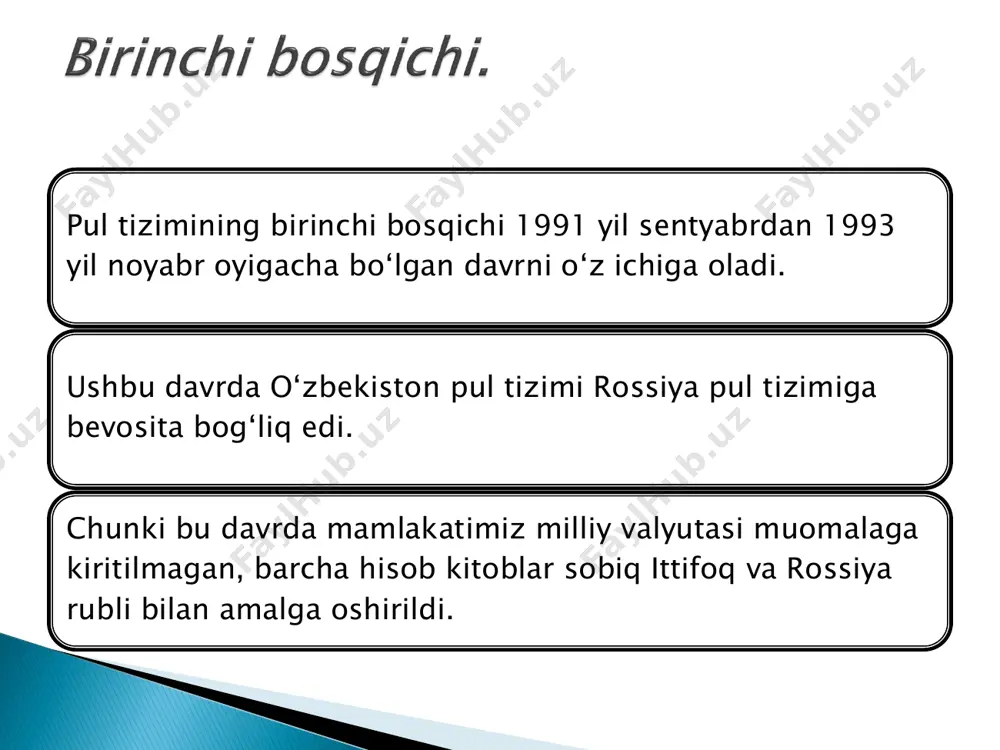 ‘m» bo‘lib, 1 so‘m 100 tiyindan iborat; – baho masshtabi tovarlar va xizmatlarga bo‘lgan talab va taklif asosida belgilanadi; – muomalada qog‘oz va tanga pullar to‘lov vositasini bajaradi. – banknot va tangalarni emissiya qilish va muomaladan qaytarib olish o‘zbekiston respublikasi markaziy bankiga yuklatilgan bo‘lib, muomaladagi barcha pullar uning majburiyati hisoblanadi; – markaziy bank pul – kredit siyosati instrumentlari asosida mamlakatda pul muomalasini tartibga soladi; – mamlakatda pul aylanmasi va naqd pulsiz hisob – kitob shaklidan iborat bo‘lib, pul aylanishi tarkibida asosiy ulush naqd pulsiz hisob – kitoblar hissasiga to‘g‘ri keladi. markaziy bank pul muomalasi aylanmasini tashkil etadi va hisob – kitoblarningshakllarini belgilaydi.