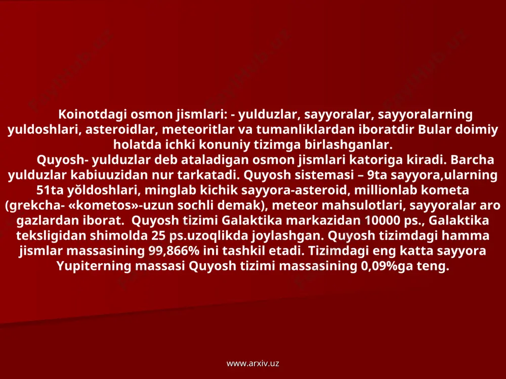 atrofida soat strelkasi harakatiga qarama-qarshi tomonga aylanadi; hamma sayyoralarning orbitalari deyarli bitta tekislikda yotadi. (merkuriyning –7, pluton (ekliptikaga nisbatan 17 gradusga ogishgan holos). sayyoralar: ichki (merkuriy, venera, yer, mars) va tashqi (yupiter, saturn,uran, neptun) sayyoralarga kiritiladi. pluton sayyorasining orbitasini quyosh tizimining chegarasi deyilsa, quyosh tizimining diametri – 12 mlrd. km.ga teng. kuyoshga yaqin turgan merkuriy sayyorasi yerga nisbatan 7 marta kuchli, pluton esa 890-2450 marta kuchsiz yoritiladi. www.arxiv.uz www.arxiv.uz www.arxiv.uz www.arxiv.uz bizning yer koinotning bir zarrasi, quyosh tizimidagi sayyoradir. koinot juda murakkab tuzilishga ega.uning asosiy qismi yulduzlarning fazoviy tizimidan iboratdir. hozirgi vaqtda yerda turib zamonaviy astronomik asboblar orkali (teleskop va fotografiya; astrograf, fotoelektrik fotomer, radiolakatsiya, spektral analiz va boshqalar) quyoshdan yergacha bulgan masofaga (150000000km) nisbatan 3 ming milliard martauzoklikdagi koinotning ma’lum kismini kura olamiz. koinotning «kuringuvchi» qismi asosan vodoroddan (80%) va geliydan (18%), qolgani qisman boshqa elementlardan tuzilgan. koinotning asosiy massasi (98%) yulduzlarda tuplangan bŏlib,ular ionlashgan issiq gaz-plazmadan iboratdir. kupchilik …