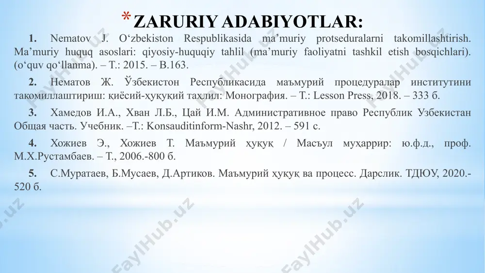 mavjud bo'lmagan fxujjatlar asosida ma'muriy xujjat qabul qilish yoki ma'muriy xujjatni qabul qilishdagi muhim fxujjatlarni aniqlashda xatolikning mavjudligi kabilar; b) jamiyat manfaatlariga zid mazmundagi ma'muriy xujjatning qabul qilinishi; v) ma'muriy xujjat qabul qilish tartibidagi xatolik; g) to'g'ri protseduraning buzilishi; d) o'z ma'muriy ixtiyoriyligi(diskretsion vakolati)ni qo'llamasligi (ma'muriy ixtiyoriylik (diskretsion vakolat)ning passiv suiiste'moli)dan iborat bo'ladi. ma'muriy shikoyat ma'muriy xujjat ijrosi ma'muriy shikoyat bo'yicha ish yuritish (mtttq 62-70 m) ijro ishini yuritish (mtttq 71-83 m) case study «1959 yil 22 iyulda tug'ilgan fuqaro a.sharopov nafaqa yoshiga yetganligi uchun yoshga doir pensiya tayinlashni so'rab, byudjetdan tashqari pensiya jamg'armasiga murojaat qilgan. ammo byudjetdan tashqari pensiya jamg'armasi shahar bo'limi boshlig'ining imzosi bilan a.sharopovga 2017 yil 2 iyundagi bt130-1001-1529-sonli xat bilan javob berilib, unda uning «viloyat maishiy boshqarma» tashkilotida 1979 yildan 1988 yilgacha hamda «viloyat kinofil`mlarni ijaraga berish» tashkilotida 1988 yildan 1997 yilgacha ishlagan davri mehnat daftarchasiga yozilgan bo'lsa-da, biroq ushbu davrlardagi ish stajlarini tasdiqlovchi hujjatlar arxivda …