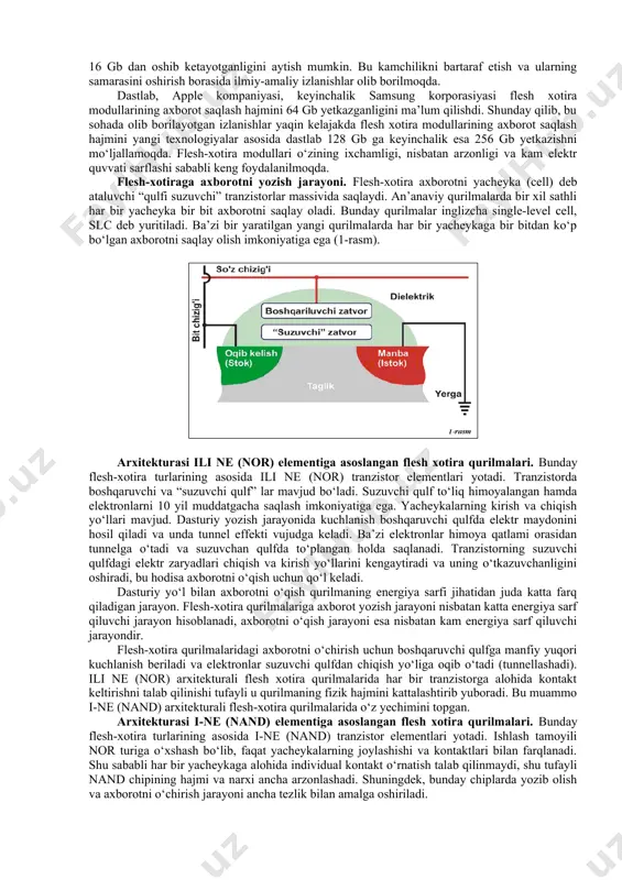 g zamonaviy texnologiyalari bundan bir necha o‘n yil oldin “flesh” xotira to‘g‘risida faqatgina tajribali kompyuter foydalanuvchilari bilishardi. chunki u paytlarda flesh xotira modullari shaxsiy kompyuterlarda, asosan, pci shinali 486 prosessorli kompyuterlarda ilk bora ishlatila boshlangan edi. ammo bugunga kelib bunday xotira modullari nafaqat kompyuter texnikalarida balki mobil aloqa telefonlarida (telefon raqamlarini saqlab qolish, so‘zlashuv vaqtini hisoblash va boshqa funksiyalarni bajarishda), raqamli diktofonlarda (ovozni saqlash va qayta eshitish), mp3-pleyerlarida (musiqiy formatdagi fayllarni saqlash va qayta eshitish), aloqa kommunikasiya raqamli modemlarida, raqamli fotokameralarda (fotosuratlarni saqlab qolish va ko‘rish), video kameralarda (video formatdagi axborotlarni saqlash, ko‘rish va eshitish) axborotni samarali saqlash va uzatishda qo‘llanilmoqda. ularning qo‘llanish sohasi kun sayin yanada kengayib bormoqda. flesh-xotira o‘zi nima? flesh-xotira (inglizcha flash-memory) — bu yarim o‘tkazgichlar (integral mikrosxemalar) asosida yaratilgan, axborotning saqlanishi uchun qo‘shimcha energiya talab qilmaydigan (energiya faqat axborotni yozishda ishlatiladi), ma’lum bir o‘lchamdagi axborotni dasturiy yozish sikli cheklangan, axborotni dasturiy qayta o‘qib olish sikli cheklanmagan, …