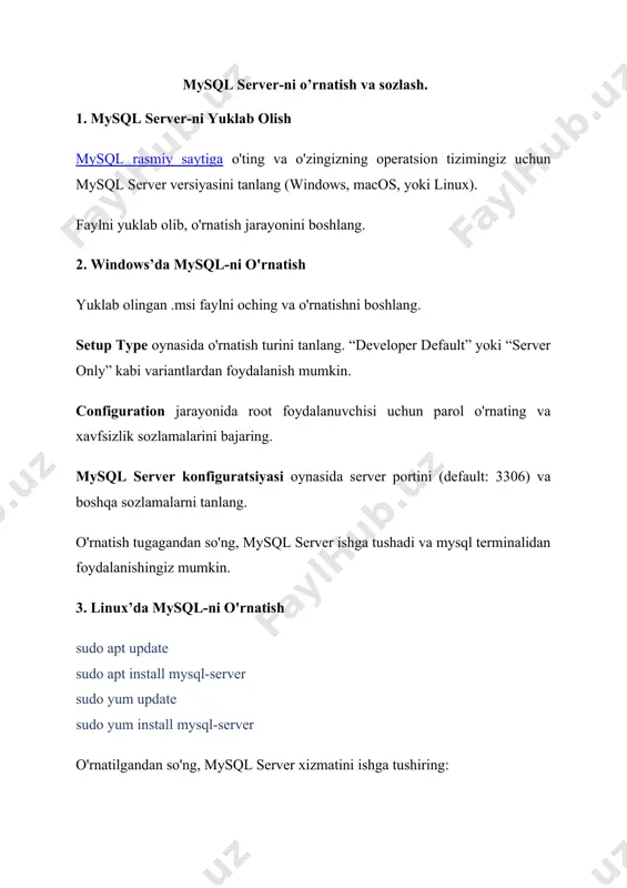 'lumot. oracle database server-ni o'rnatish va sozlash bir nechta bosqichlarni talab qiladi. quyida asosiy bosqichlarni ko'rib chiqamiz: 1. tizim talablarini tekshirish. operatsion tizim: oracle linux, red hat enterprise linux, windows server va boshqalar. xotira va disk maydoni: o'rnatilayotgan versiyaga qarab minimal talablar (odatda kamida 2 gb xotira va 10 gb disk maydoni). tarmoq sozlamalari: oracle database serverni boshqa tarmoqqa ulash yoki maxsus ip manzil berish zarur bo'lishi mumkin. 2. oracle o'rnatish fayllarini yuklash. oracle rasmiy veb-saytidan kerakli oracle database server versiyasining o'rnatish fayllarini yuklab oling. yuklab olingan fayllarni oching yoki chiqarib oling. 3. oracle o'rnatish assistentini (oracle universal installer - oui) ishga tushirish oui yordamida o'rnatish jarayonini boshlang. assistent interfeysida sizga kerakli parametrlarni kiritish so'raladi: oracle home: fayllar joylashadigan asosiy katalogni tanlash. instansiya nomi va sid (system identifier): ma’lumotlar bazasi nomi va identifikatori. administrator hisoblari va parollari: sys, system kabi administrator hisoblari uchun parollar. 4. ma'lumotlar bazasini yaratish va sozlash …