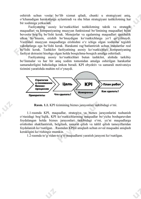 n tushunchadir. performance so‘zi samaradorlik bo‘lsa-da, sarflangan resurslarning samaradorlik darajasini ham qamrab oladigan kengroq tushunchadir. kpi atamasining to‘g‘ri tarjimasi “samaradorlikning asosiy ko‘rsatkichlari”dir. kpilarni amalga oshirish strategiyani amalga oshirish uchun juda muhimdir. shuningdek, f.u. teylor “biz o‘lchay olmaydigan narsani boshqara olmaymiz” deb ta’kidladi. menejerlar u yoki bu tarzda boshqaruv jarayonida foydalanadigan aniq ko‘rsatkichlarga muhtoj. ushbu ko‘rsatkichlar to‘plami har doim individualdir va ularning soni har bir tashkilot uchun o‘ziga xosdir. strategiya uni amalga oshirish uchun aniq ko‘rsatkichlarsiz gipoteza bo‘lib qoladi. strategiyani amalga oshirishning mohiyati uni muayyan vazifa uchun mas’ul bo‘lgan har bir ijrochiga yetkazishdir. kpi tizimi strategiyani amalga oshirish uchun vosita bo‘lib xizmat qiladi, chunki u strategiyani aniq, o‘lchanadigan harakatlarga aylantiradi va shu bilan strategiyani tashkilotning har bir xodimiga yetkazadi. faoliyatning asosiy ko‘rsatkichlari tashkilotning taktik va strategik maqsadlari va kompaniyaning muayyan funktsional bo‘limining maqsadlari bilan bevosita bog‘liq bo‘lishi kerak. menejerlar va egalarning maqsadlari qanchalik ulkan bo‘lmasin, erishib bo‘lmaydigan ko‘rsatkichlarga yo‘l qo‘yilmaydi. vazifalari …