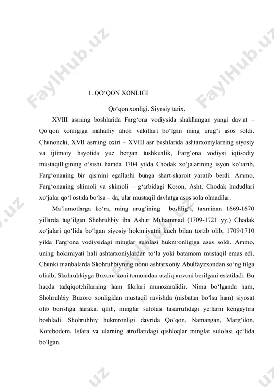 ni, 1725 yilda xo‘jandni, 1726 yilda o‘ratepani bosib olib, xonlik hududlariga qo‘shib oldi. u qisqa muddat bo‘lsa-da buxoroga qarashli samarqand va kattaqo‘rg‘onni egallab, shahrisabzga ham tahdid solgan. abdurahimbiy qo‘qon (xo‘qand) qishlog‘i o‘rni va atrofida yangi shaharga (dastlab qal’ai rahimbiy deb nomlangan, keyin esa qo‘qon) asos soladi va bu shahar xonlikning poytaxtiga aylanadi. 1733-1750 yillarda hukmronlik qilgan muhammad abdulkarimbiy ibn shohruhbiy asosiy etiborini mudofaa ishlariga qaratdi. u xonlikning poytaxti qo‘qonda isfara, qatag‘on, marg‘ilon, haydarbek nomli darvozalar qurdirib, shahar atrofini mustahkam devor bilan o‘ratib oldi. shu bilan birga u 1741-1745 yillardagi qalmoqlar (jung‘orlar) ning farg‘onaga qilgan hujumlariga zarba berdi. abdulkarimbiy qalmoqlarga qarshi kurashda qirg‘iz-qipchoqlar va o‘ratepa hokimi fozilbiy yuz yordamiga tayandi hamda xonlik mustaqilligini saqlab qoldi. abdulkarimbiy 1750 yilda vafot etganidan so‘ng xonlik taxtiga uning o‘g‘li abdurahmon o‘tirdi. ammo, u taxtga to‘qqiz oy o‘tirib, so‘ng marg‘ilonga hokim etib jo‘natildi hamda taxtga abdurahimbiyning ikkinchi o‘g‘li erdonabiy o‘tirdi. 1753 yilda qalmoqlarning tazyiqi va talabi …