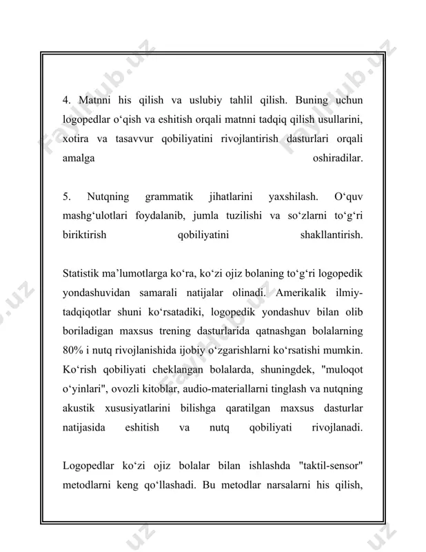 ivojlanishi ko‘plab omillar va metodik yondashuvlarga bog‘liqdir. bu jarayonda barcha ishtirokchilar o‘zaro yaqin hamkorlikda ishlasa, metod va texnologiyalardan unumli foydalangan holda mazkur muammolarni muvaffaqiyat bilan yengib o‘tish mumkin bo‘ladi. 3. ko‘zi ojiz bolalarda tovushlarni to‘g‘ri talaffuz qilish ko‘zi ojiz bolalarda tovushlarni to‘g‘ri talaffuz qilish muammosi ko‘plab tadqiqotchilar e'tiborini tortadi. ko‘zi ojiz bolalar, odatda, boshqa a'zolar yoki organlariga ko‘proq ma'naviy e'tibor qaratish orqali tinglash, his qilinayotgan narsalarni tasavvur qilish, ifodalash va eshitilgan tovushlarni to‘g‘ri idrok etish qobiliyatini rivojlantiradi. birinchidan, ko‘zi ojiz bolalarning tovushlarni tushunish va talaffuz qilish qobiliyatini rivojlantirishda maxsus ta'lim va pedagogik yondashuvlarning ahamiyati katta. masalan, fenetik farklarni anglashda ularning qulog‘ining sezgirligini oshirishga, tovushlarni tanish va farqlash qobiliyatlarini rivojlantirishga katta e'tibor qaratiladi. bu jarayonda logopedlar va surdopedagoglar ishtirok etadi. ular bolalarni ovozlarning aniq xususiyatlari va talaffuz uslublari bilan tanishtiradi. muammolarni bartaraf etish maqsadida jahon miqyosida ko‘plab tadqiqotlar amalga oshirilgan. jumladan, texasdagi austin universitetida amalga oshirilgan tajribalar natijasida aniqlanishicha, maxsus akustik …