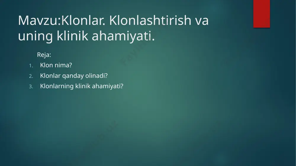 en yoki dnkning biror kerakli fragmenti (tibbiy jihatdan muhim hisoblangan inson geni boʻlishi mumkin) halqasimon dnk boʻlagi – plazmidga kiritiladi. dnkni plazmidga kiritish jarayoni dnkni “kesuvchi” va “ulovchi” fermentlardan foydalanilgan holda amalga oshiriladi. hosil boʻlgan plazmidning yangi dnksi rekombinant dnk deb yuritiladi. keyin rekombinant plazmid bakteriyalar ichiga yuboriladi. oʻzida plazmid saqlovchi bakteriyalar ajratib olinadi va oʻstiriladi. bakteriyalar boʻlinib koʻpaygan vaqtda plazmidlar ham replikatsiyalanadi, yangi paydo boʻlgan bakteriyalarga oʻtadi. plazmidda dnk ketma-ketligining koʻplab nusxalarini yaratishning ahamiyati nimada? baʼzi hollarda tajriba oʻtkazish yoki yangi plazmidlar olish uchun bizga juda koʻp dnk boʻlaklari kerak boʻladi. boshqa hollarda esa dnk boʻlagi kerakli oqsilni kodlaydi. biz plazmidli bakteriyalardan oqsil “fabrikasi” sifatida foydalanamiz. masalan, odam insulin geni oʻtkazilgan e. coli bakteriyasi diabet bilan ogʻrigan bemorlar uchun insulin ishlab chiqaradi. dnkni klonlash juda koʻp maqsadlarda qoʻllanadi. hozir oqsil (odam insulini) sintezi uchun dnkni klonlashdan qanday foydalanilishini koʻrib chiqamiz. asosiy bosqichlar quyida keltirilgan: plazmidni kesamiz va kerakli genni …