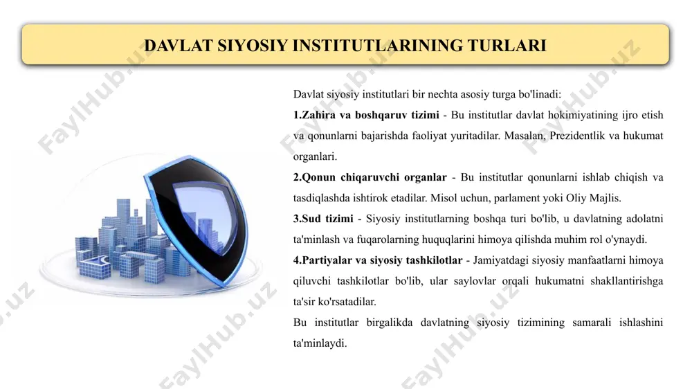 vlarda ishtirok etib, hokimiyatni shakllantirishda muhim rol o‘ynaydi. davlat siyosatiga ta’sir ko‘rsatadi va uni nazorat qiladi. o‘zbekistonda faoliyat yuritayotgan siyosiy partiyalar: — o‘zbekiston liberal-demokratik partiyasi — o‘zbekiston “milliy tiklanish” demokratik partiyasi — o‘zbekiston xalq demokratik partiyasi — “adolat” sotsial-demokratik partiyasi ular oliy majlisda vakillikka ega bo‘lib, qonunchilik faoliyatida ishtirok etadilar. oav va jamoat tashkilotlari – siyosiy institut sifatida ommaviy axborot vositalari (oav) va jamoat tashkilotlari siyosiy institutlar tizimining muhim bo‘g‘inlaridan hisoblanadi: oav — jamiyatda axborot tarqatish, davlat va xalq o‘rtasida aloqa o‘rnatish, hamda hokimiyatni jamoatchilik nazoratida ushlab turishda xizmat qiladi. jamoat tashkilotlari — fuqarolarning ijtimoiy faolligini oshiradi, ularning manfaatlarini himoya qiladi va siyosiy qarorlar qabul qilinishida ishtirok etadi. ushbu institutlar orqali ochiqlik, shaffoflik va jamoatchilik ishtiroki kuchayadi. bu esa demokratik boshqaruvning mustahkamlanishiga xizmat qiladi. saylov tizimi – siyosiy institut sifatida saylov tizimi davlat va jamiyat o‘rtasidagi asosiy siyosiy aloqadorlik vositasidir: saylovlar fuqarolarga hokimiyat organlarini shakllantirishda ishtirok etish huquqini beradi. bu …