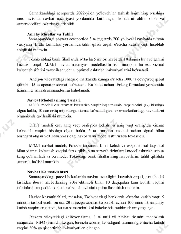 gan vaziyatni little formulasi yordamida tahlil qilish orqali o'rtacha kutish vaqti hisoblab chiqilishi mumkin. toshkentdagi bank filiallarida o'rtacha 5 mijoz navbatda 10 daqiqa kutayotganini kuzatish orqali m/m/1 navbat nazariyasi modellashtirilishi mumkin, bu esa xizmat ko'rsatish sifatini yaxshilash uchun optimallashtirish imkoniyatlarini ko'rsatadi. andijon viloyatidagi chaqiriq markazida kuniga o'rtacha 1000 ta qo'ng'iroq qabul qilinib, 15 ta operator xizmat ko'rsatadi. bu holat uchun erlang formulasi yordamida tizimning ishlash samaradorligi baholanadi. navbat modellarining turlari m/g/1 modeli esa xizmat ko'rsatish vaqtining umumiy taqsimotini (g) hisobga olgan holda, 10 dan ortiq mijozlarga xizmat ko'rsatadigan supermarketlardagi navbatlarni o'rganishda qo'llanilishi mumkin. d/d/1 modeli esa, aniq vaqt oralig'ida kelish va aniq vaqt oralig'ida xizmat ko'rsatish vaqtini hisobga olgan holda, 5 ta transport vositasi uchun signal bilan boshqariladigan yo'l kesishmasidagi navbatlarni modellashtirishda foydalidir. m/m/1 navbat modeli, poisson taqsimoti bilan kelish va eksponensial taqsimot bilan xizmat ko'rsatish vaqtini faraz qilib, bitta serverli tizimlarni modellashtirish uchun keng qo'llaniladi va bu model tokiodagi …