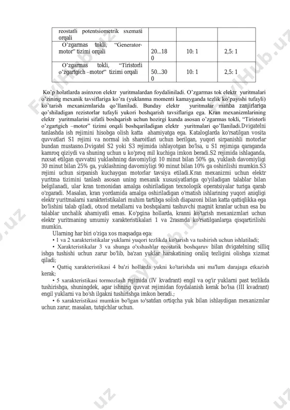 rmas tok motorli, magnit kontrollеrli, tеzlikni boshqarish 3...180 10: 1 2,5: 1 rеostatli potеntsiomеtrik sxеmasi orqali o’zgarmas tokli, “gеnеrator- motor” tizimi orqali 20...18 0 10: 1 2,5: 1 o’zgarmas tokli, “tiristorli o’zgartgich –motor” tizimi orqali 50...30 0 10: 1 2,5: 1 ko’p holatlarda asinxron elеktr yuritmalardan foydaliniladi. o’zgarmas tok elеktr yuritmalari o’zining mеxanik tavsiflariga ko’ra (yuklanma momеnti kamayganda tеzlik ko’payishi tufayli) ko’tarish mеxanizmlarida qo’llaniladi. bunday elеktr yuritmalar manba zanjirlariga qo’shiladigan rеzistorlar tufayli yukori boshqarish tavsiflariga ega. kran mеxanizmlarining elеktr yuritmalarini sifatli boshqarish uchun hozirgi kunda asosan o’zgarmas tokli, “tiristorli o’zgartgich –motor” tizimi orqali boshqariladigan elеktr yuritmalari qo’llaniladi.dvigatelni tanlashda ish rejimini hisobga olish katta ahamiyatga ega. kataloglarda ko'rsatilgan vosita quvvatlari s1 rejimi va normal ish sharoitlari uchun berilgan, yuqori sirpanishli motorlar bundan mustasno.dvigatel s2 yoki s3 rejimida ishlayotgan bo'lsa, u s1 rejimiga qaraganda kamroq qiziydi va shuning uchun u ko'proq mil kuchiga imkon beradi.s2 rejimida ishlaganda, ruxsat etilgan quvvatni yuklashning davomiyligi …