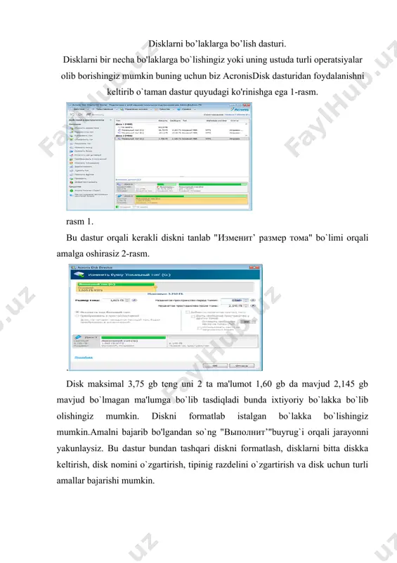 natilgan bo'lsa, magnit disketalar yordamida; - kompyuterda usb bog'lami ishlaydigan bo'lsa, maxsus vosita "flash" xotira yordamida. kompakt disk bilan ishlash: ma'lumot yozish, ko'chirish, ochish. kompakt disk disketaga nisbatan ancha ko'proq ma'lumot saqlash imkoniga ega. masalan, disketaning hajmi 1,44 mb bo'lsa, kompakt diskning hajmi 650 yoki 700 mb ni tashkil etadi, ya'ni unga taxminan 500 marta ko'proq ma'lumot yoziladi. kompakt diskdagi ma'lumotlarni o'qish uchun kompyuterga maxsus qurilma - cd rom (compact disk read only memory) drive o'rnatilgan bo'lishi kerak. kompakt diskdagi ma'lumotlarni o'qish uchun kompakt diskni qurilmaga o'rnatish kerak. buning uchun cd rom qurilmasining open/eject tugmasini bosib, lotok ochilganidan keyin, unga diskni o'rnatib, open/eject tugmasini takroran bosish zarur. natijada disk aylanib, undagi ma'lumotlarni o'qish jarayoni boshlanadi. windows operasion sistemasida o'rnatilgan diskdagi ma'lumotlar turini aniqlash amalga oshiriladi va u aniqlanganidan keyin biror bir amalni bajarish taklif etiladi: taklif oynasining mazmuni o'rnatilgan dasturlar va disk mazmuniga bog'liq bo'ladi. diskda audio va video ma'lumotlar …