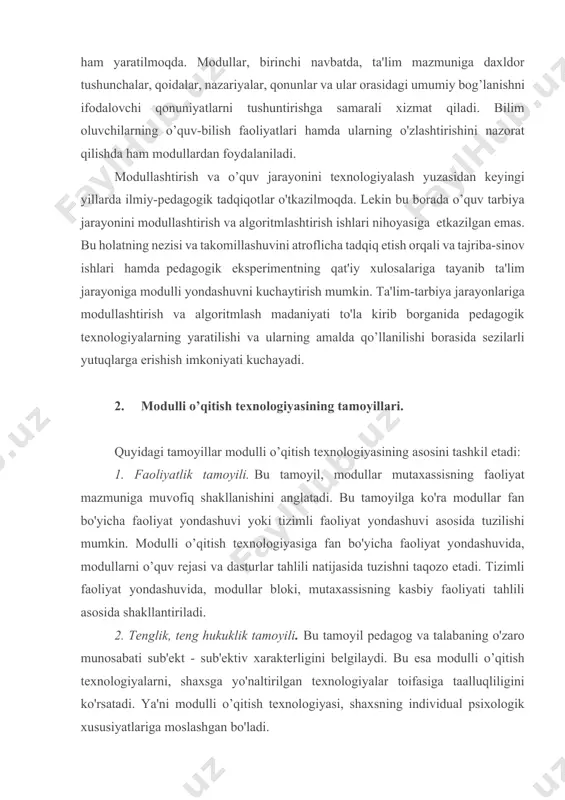 i va dasturlar tahlili natijasida tuzishni taqozo etadi. tizimli faoliyat yondashuvida, modullar bloki, mutaxassisning kasbiy faoliyati tahlili asosida shakllantiriladi. 2. tenglik, teng hukuklik tamoyili. bu tamoyil pedagog va talabaning o'zaro munosabati sub'ekt - sub'ektiv xarakterligini belgilaydi. bu esa modulli o’qitish texnologiyalarni, shaxsga yo'naltirilgan texnologiyalar toifasiga taalluqliligini ko'rsatadi. ya'ni modulli o’qitish texnologiyasi, shaxsning individual psixologik xususiyatlariga moslashgan bo'ladi. 3. tizimli kvantlash usuli. bu tamoyil axborotni siqib berish nazariyasi, muhandislik bilimlar kontsepsiyasi, didaktik birliklarni yiriklash nazariyalarining talablariga asoslanadi. shular bilan bir qatorda bu tamoyil quyidagi psixologik-pedagogik konuniyatlarni hisobga olishni taqozo etadi: katta hajmdagi o'quv materiali, qiyinichilik bilan va xohishsiz (istalmasdan) eslanadi; ma'lum tizimda kisqartirilgan holda berilgan o’quv materiali, osonroq o'zlashtirilali; o'quv materialidagi, tayanch qismlarni ajratib ko'rsatilishi, eslab qolish faoliyatiga ijobiy ta'sir ko'rsatadi. shu bilan bir qatorda o'quv materialining asosini ilmiylik va fundamentallik tashkil etishi lozim. 4. motivatsiya (qiziqishni uyg’otish) tamoyil. bu tamoyilning mohiyati talabaning o’quv-bilim olish faoliyatini rag’batlantirishdan iborat bo'ladi. bu asos …