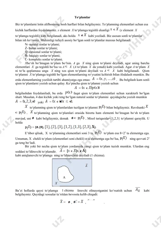 . tayanch so‘zlar: to‘plam, kesishma, birlashma, to‘ldiruvchi, formula, konyunksiya, dizyunksiya, implikatsiya, ekvivalensiya, predikat, kvantor. ketma-ketlik, funksiya, aniqlanish sohasi, qiymatlar sohasi, o’ng tomon va chap tomon limitlar, nuqtadagi limit, cheksizdagi limit, ajoyib limit, bir o‘zgaruvchili funksiya uzluksizligi, birinchi tur uzulish, bartaraf qilish mumkin bo‘lgan uzilish nuqtasi, 1-va 2-tur uzilish nuqtasi,funksiya uzluksizligining lokal xossasi, kesmada uzluksiz bo‘lgan funksiyaning chegaralanganligi, funksiyani hosilasi, urinma, bir tomonli hosilalar, parametrik funksiyaning hosilasi, teskari funksiyaning hosilasi, murakkab funksiyaning hosilasi. urinma, normal, burchak koeffisiyent, funksiyaning maksimum va minimum qiymatlari, funksiyaning kritik nuqtalari, egri chiziqni botiqligi va qavariqligi,burilish nuqtasi, vertikal va og‘ma asimptotalar. to‘plamlar biz to‘plamlarni lotin alifbosining bosh harflari bilan belgilaymiz. to‘plamning elementlari uchun esa kichik harflardan foydalanamiz. x element x to‘plamga tegishli ekanligi (x element x to‘plamga tegishli) kabi belgilanadi, aks holda kabi yoziladi. biz asosan sonli to‘plamlar bilan ish ko‘ramiz. muhimligi tufayli asosiy bo‘lgan sonli to‘plamlar maxsus belgilanadi: ℕ- natural sonlar to‘plami; ℤ- butun sonlar to‘plami; …