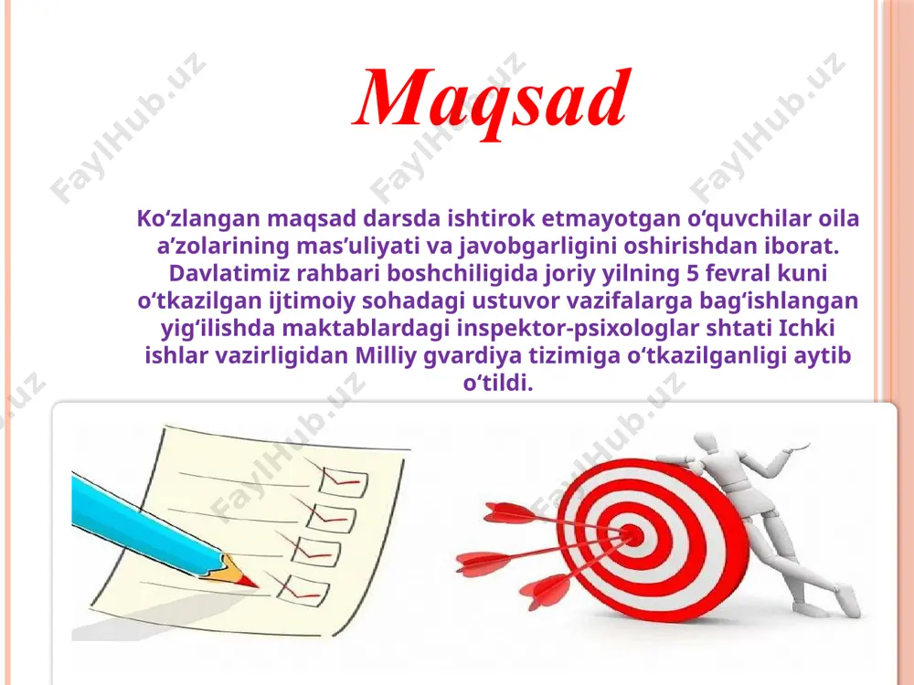 yaratib berish lozim. maktab rahbari, milliy gvardiya xodimi va mahalla yettiligi o‘quv yili davomida “mahalla yettiligi” va milliy gvardiya xodimi sababsiz dars qoldirgan o‘quvchilarning yashash manziliga borib, ota-ona bilan profilaktik suhbat o‘tkazadi va bolani darsga qaytarish chorasini ko‘radi chora-tadbir takliflar darslarni muntazam o‘tkazib yuboradigan o‘quvchilar bilan ishlashni yaxshilash bo‘yicha takliflar: individual yondashuv: har bir bunday o‘quvchi uchun ularning ehtiyojlarini, darsda qatnashmaslik sabablarini va vaziyatning o‘ziga xos xususiyatlarini hisobga olgan holda individual yordam rejalarini ishlab chiqish. mutaxassislarni jalb qilish: psixologlar, ijtimoiy ishchilar va boshqa mutaxassislarni o‘quvchilar bilan ishlash uchun ularga muammolarni bartaraf etish va dars davomatini yaxshilashga yordam berish uchun ruxsat bering. motivatsion dasturlar: o‘quvchilarni muntazam ravishda mashg‘ulotlarga borishga undash uchun turli xil motivatsion dasturlar, tanlovlar, mukofotlar va rag‘batlantirishlarni joriy etish. monitoring tizimi: o‘quvchilarni muammolari bilan tezda aniqlaydigan va ularga zarur yordam ko‘rsatadigan davomat monitoringi tizimini yaratish. ota-onalar uchun ta’lim: ota-onalarga muntazam qatnashish va o‘quvchilar uchun qulay muhit yaratishga yordam berishning …