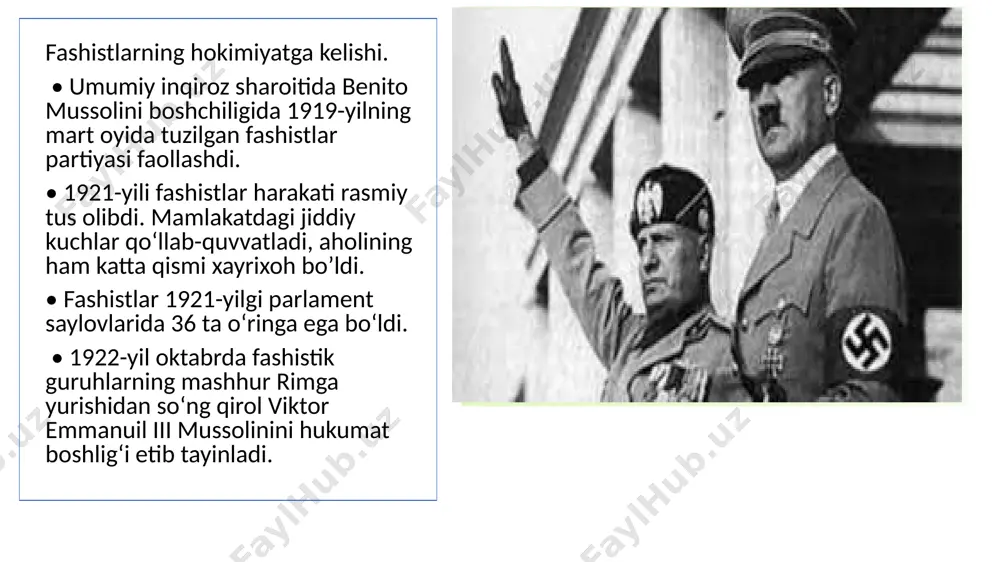 kda hal etish uchun kasaba uyushmalarini va ishbilarmonlarni teng asosda korporatsiyalarda birlashtirishni nazoratda tutardi. ishbilarmonlar va ishchilar bir tashkilotning teng huquqli a’zolariga aylanardilar. xalq xo‘jaligining sanoat, qishloq xo‘jaligi, savdo, banklar, transport kabi sohalariga mos keladigan 22 korporatsiya tuzildi. bu beso‘naqay tashkilotning tepasida korporatsiyalar milliy kengashi turardi. italiyadagi voqealar xalqaro imperialistik burjuaziyaga juda ma’qul keldi, rim xalqaro reaksion doiralarining ziyorat markazi bo‘lib qoldi. 1925-1929 yillar davomida angliya-amerika bankirlari italiyaga 7 mlrd. lira kredit berdilar. 1928 yil yana bir qancha qonunlar qabul qilinib, amalda parlamentchilik rejimi tugatildi. parlament batamom o‘z ahamiyatini yo‘qotdi. yirik burjuaziya va pomeshchiklar manfaatini ko‘zlab «ulug‘ rim imperiyasi» tuzish rejasi ishlab chiqildi. bu rejaga muvofiq bolqon, tunnis, misr, angliya-misr sudani, baleor orollari va korsikani bosib olish mo‘ljallandi. o‘rta dengizni italiyaning ichki dengiziga aylantirish ko‘zda tutildi. italiya fashistlari yaqin sharqda ham hukmron bo‘lib olishni xayol qildilar. jahon iqtisodiy inqirozi yillarida italiya 1929 yilda italiya iqtisodiy inqirozga duchor bo‘ldi. inqiroz yillarida …