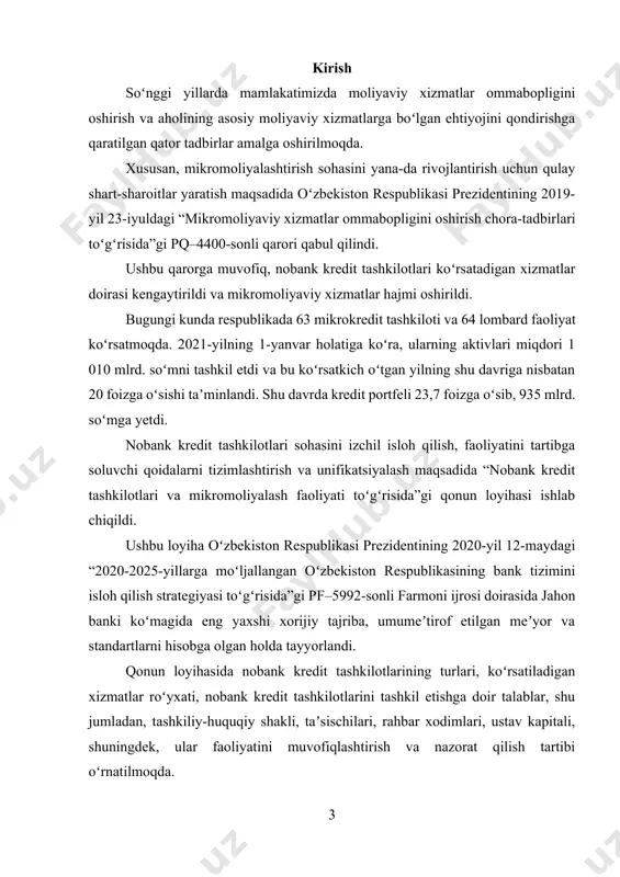 respublikamizda yagona moliya tizimining toʻldiruvchisi sifatida nobank kredit tashkilotlari rivojiga xizmat qiladi. asosiy qism 1. nobank kredit tashkilotlarining zarurligi va iqtisodiyotdagi o‘rni bugungi kunda iqtisodiyotning barcha sohalaridagi kabi moliyaviy xizmatlar bozorida ham raqobat sharoitlarini yahshilash, moliyaviy xizmatlarni bozor tamoyillari asosida amalga oshirishni kengaytirish, moliyaviy xizmatlarning samarali infratuzilmasini yaratish va faoliyatini avtomatlashtirish muhim ahamiyat kasb etmoqda. so‘nggi besh yil davomida mikrokredit tashkilotlari soni 44 taga, lombardlar soni esa 31 taga ortib, bugungi kunga kelib 74 ta mikrokredit tashkilotlari va 77 ta lombardlar aholi va tadbirkorlarga mikromoliyaviy xizmatlar ko‘rsatib kelmoqda. hududlar qirqimida nobank kredit tashkilotlari toshkent shahrida 2 barobarga (jami soni 66 ta), farg‘ona va buxoro viloyatlarida 3 barobarga, (mos ravishda 20 ta va 14 ta) hamda toshkent viloyatida 1,5 barobarga (soni 15 ta) o‘sgan. 2021-yilning 1-iyulidan buyon nobank kredit tashkilotlari bozoriga yangi ishtirokchilarning – 8 ta mikrokredit tashkilotini hamda ularning 25 ta filial va chakana xizmatlar markazlarini, 10 ta lombardni kirib …