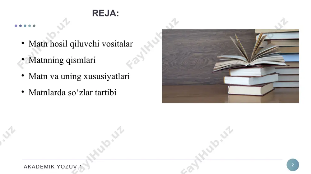 arga va so‘zlarga qarab, darrov qandaydir ma’noli qismlarni ko‘rishga harakat qiladi. bunda struktur tayanchlar muhim ahamiyatga ega. ularning mohiyati shaxsning nutqiy tajribasiga ko‘ra shakllanadi. akademik yozuv 1 8 bosh qism o‘rta qism xulosa qism matnning qismlari akademik yozuv 1 9 fikrlar, voqealar, dalillarni bayon qilishda ketma-ketlik; matn hosil qiluvchi vositlar sabab-oqibat va shart-oqibat aloqalariga rioya qilish (so‘zlarni qo‘llash); fikr bildirish tartibini tashkil qiluvchi kirish so‘zlarni qo‘llash; yakunlovchi so‘zlarni qo‘llash; akademik yozuv 1 10 yaxlitlik matnning xususiyati sifatida berilgan birlikda yagona mavzudagi hikoya bo‘lishini nazarda tutadi. bu mavzu sarlavha sifatida berilishi mumkin. matnga sarlavha qo‘yish murakkab, chunki u bir tomondan butun matnnning mazmunini aks ettirishi, ikkinchi tomondan adresatga tushunarli bo‘lishi kerak. akademik yozuv 1 11 matnning tarkibiy qismlarini aniqlash va muvofiqlashtirish, xato va nuqsonlarni to‘g‘rilash, so‘z va terminlarga sharh va izohlar berish uchun sinchkov bo‘lish zarur. har bir matnga kiritilgan qo‘shimcha sharh va izohlar ajratib ko‘rsatiladi. har bir adabiyotni tuzish va …