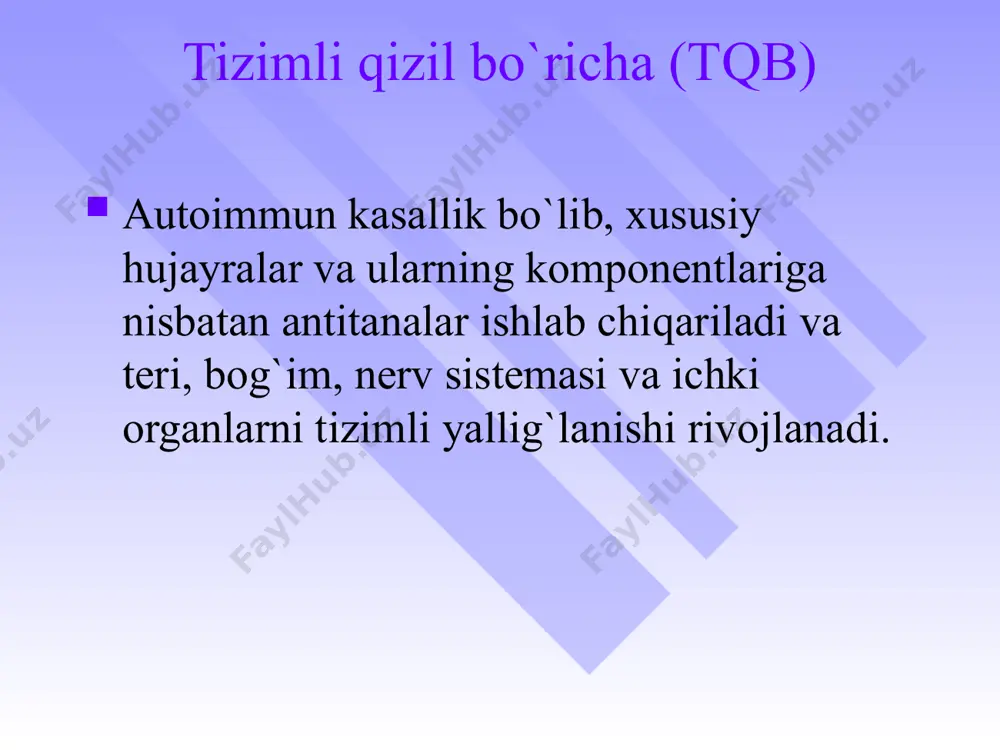itik anemiya, leykopeniya (leykositlar 4*10^9/l dan kam), limfopeniya (limfositlar 1,5*10^9/l dan kam), trombositopeniya (100*10^9/l dan kam). 10.immun buzilishlar. le-xujayraga test musbat. tabiiy dnk va rnkga qarshi antitanalar titri yuqori. 6 oy davomida sifilisga immobilizasiya reaksiyasi yoki flyuoressensiyalangan antitreponema antitanalarini absorbsiya testlariga yolgon musbat reaksiya. 11. antinuklear antitana. immunoflyuoressensiya yoki boshqa testlarda ana titrining yukoriligi. tqb da patologik jarayon faolligining klinik va laborator xarakteristikasi кўрсаткич фаоллик даражаси iii ii i тана температура 38°с ва ундан юқори 38°с дан паст меъёрида озиб кетиш ифодаланган ўртача бир оз трофика бузилиши ифодаланган ўртача ўртача/бир оз тери зарарланиши «капалаксимон эритема, каппиляритлар носпецифик эритема дискоид ўчоқлар полиартрит ўткир, ўткир ости ўткир ости деформация артралгиялар перикардит экссудатив қуруқ адгезив миокардит ифодаланган ўртача кардиосклероз либман - сакс эндокардити ифодаланган ўртача митрал қопқоқ етишмовчилиги плеврит экссудатив қуруқ адгезив диффуз гломеруло-нефрит нефротик синдром аралаш типда пешоб синдроми асаб тизими зарарланиши энцефало-радикуло-неврит энцефало неврит полиневрит гемоглобин г/л 100 дан кам 100-110 …