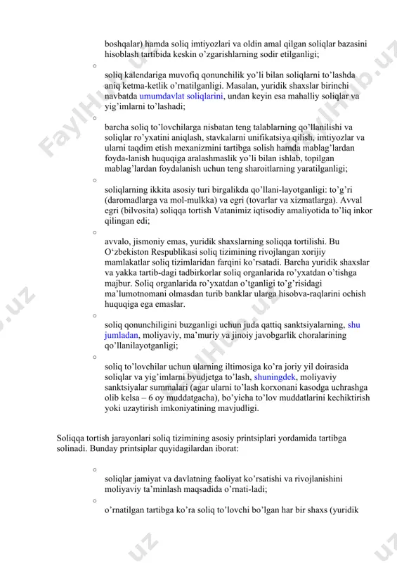 oliqlar va yig’imlarni joriy etish va ularni bekor qilish faqat davlat hokimiyati organlari tomonidan amalga oshiriladi; · soliqlarni hisoblash va undirishning yagona prin-tsiplari va mexanizmi. barcha soliqlar va yig’imlar ustidan yagona nazorat o‘zbekiston respublikasi davlat soliq qo’mi-tasi va uning quyi organlari tomonidan amalga oshiriladi; · yangi soliqlarning joriy qilinganligi (qo’shilgan qiymat solig’i va boshqalar) hamda soliq imtiyozlari va oldin amal qilgan soliqlar bazasini hisoblash tartibida keskin o’zgarishlarning sodir etilganligi; · soliq kalendariga muvofiq qonunchilik yo’li bilan soliqlarni to’lashda aniq ketma-ketlik o’rnatilganligi. masalan, yuridik shaxslar birinchi navbatda umumdavlat soliqlarini, undan keyin esa mahalliy soliqlar va yig’imlarni to’lashadi; · barcha soliq to’lovchilarga nisbatan teng talablarning qo’llanilishi va soliqlar ro’yxatini aniqlash, stavkalarni unifikatsiya qilish, imtiyozlar va ularni taqdim etish mexanizmini tartibga solish hamda mablag’lardan foyda-lanish huquqiga aralashmaslik yo’li bilan ishlab, topilgan mablag’lardan foydalanish uchun teng sharoitlarning yaratilganligi; · soliqlarning ikkita asosiy turi birgalikda qo’llani-layotganligi: to’g’ri (daromadlarga va mol-mulkka) va egri (tovarlar va xizmatlarga). …