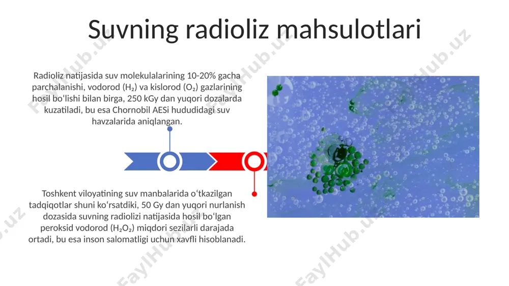 uv molekulalarining 3-4 tasini qamrab oladi va bu jarayon tokio universiteti olimlarining tadqiqotlarida aniqlangan. radiatsiyaning suv molekulalariga ta'siri radiatsiya ta'siri ostida suv molekulalari 100 kev energiyali gamma-nurlanish ta'sirida 20% ga parchalanishi mumkin, bu esa gidroksil radikallarining (•oh) hosil bo'lishiga olib keladi, masalan, chernobyl aes hududida kuzatilganidek. yuqori energiyali protonlar yoki neytronlar ta'sirida suv molekulalari 500 gy dozada ionizatsiya hosil qiladi, bu esa suvning elektr o'tkazuvchanligini oshiradi va bu effekt cern kabi yirik ilmiy markazlarda o'rganiladi. gidroxil radikallari hosil bo'lishining miqdori nurlanishning energiyasi va turiga bog'liq bo'lib, 2 mev energiyali elektron nurlanishi ta'sirida samarqandda o'tkazilgan tadqiqotlar yuqori konsentrasiyadagi gidroksil radikallarining paydo bo'lishini ko'rsatdi. suv molekulalariga ionlashtiruvchi nurlanish ta'siri natijasida, masalan, 100 kgy dozada gamma-nurlanish ta'sirida, toshkentdagi tajribalar shuni ko'rsatdiki, suvda gidroksil radikallarining hosil bo'lish darajasi sezilarli darajada ortadi. gidroksill radikallarning hosil bo'lishi e'tiboringiz uchun rahmat @taqdimot_robot image4.jpg image5.jpg image6.jpg image7.jpg image8.jpg image9.jpg image10.jpg image11.jpg image12.jpg image1.jpeg image2.jpeg