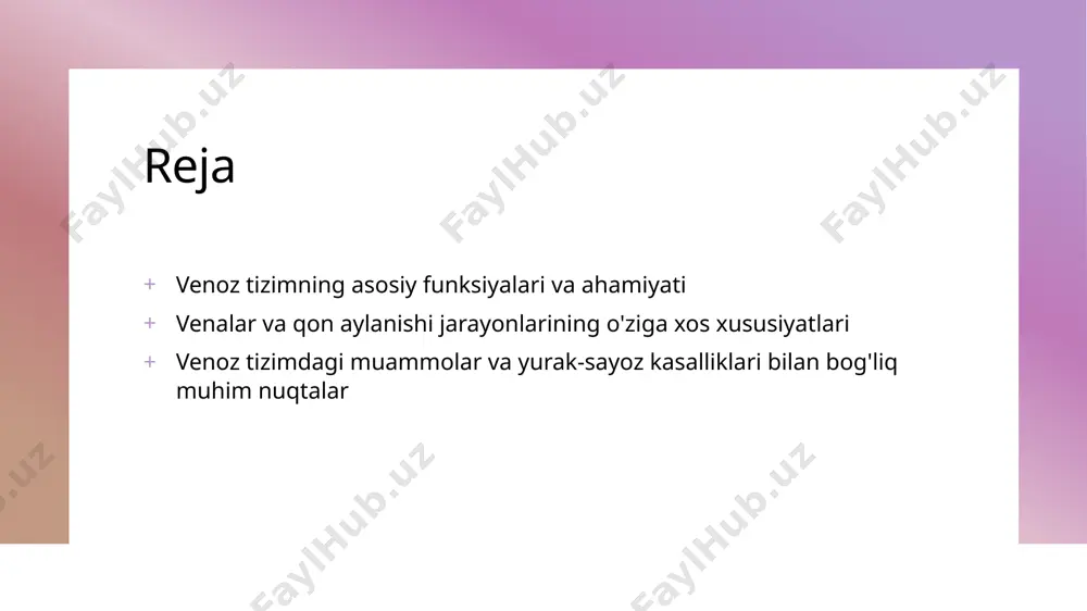 arishda muhim bo‘lib, qon bosimi va suyuqlik muvozanatini ta’minlaydi, yurak faoliyatiga ta’sir qiladi. 3 qon aylanishining fiziologik jarayonlari venalar vena qonini yurakka qaytaradi, bu jarayon qon bosimining nazorati va qon aylanishining barqarorligini ta’minlash uchun muhim bo‘lgan yotqizilgan mexanizmlarga asoslanadi. 4 venoz qon oqimining boshqaruv mexanizmlari venoz qon oqimi muskullar harakati, klapanlar va qon tomirlarning elastikligi yordamida tartibga solinadi, bu qon aylanishining davomiyligini ta’minlaydi. venoz tizimning organizmdagi namoyon bo'lishi va sog'liq muammolari venoz tizimning tashqi ko‘rinishi venoz tizimning namoyon bo‘lishi tashqi ko‘rinishda turli xil kasalliklar va muammolar orqali namoyon bo‘ladi, masalan, varikoz kengayishlar va tayanch qattiqliklari. qon aylanishidagi muammolar venalarning buzilishi qon aylanishining buzilishiga olib keladi, bu esa qon bosimi o‘zgarishlari, shishlar va yurak- qon tizimi muammolarini keltirib chiqaradi. kasalliklarning belgilari venoz tizim muammolari odatda oyoqlarda shish, og‘riq, qattiqlik va ko‘rinadigan tomirlar kengayishi bilan ifodalanadi, vaqti-vaqti bilan og‘riq kuchayadi. sog‘liq muhofazasi venoz tizimdagi muammolarni oldini olish uchun jismoniy faollik, to‘g‘ri ovqatlanish …