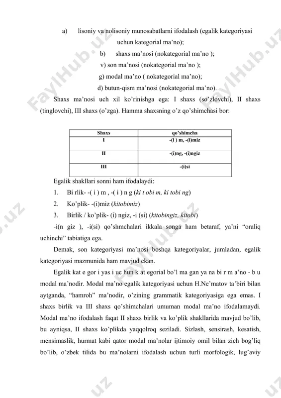 r tahlil qilingan [2, 106-108;]. egalik qo’shimchalarining xususiy qo’llanishlari da but un-qi sm ma’nosining yuzaga chiqishini ham kuzatish mumkin: o’quvchilardan biri, talabalarning a’lochisi kabi. xo’sh, egalik kategoriyasi uchun kategorial bo’lgan ma’no nima? egalik kategoriyasining ugmsi sifatida formal-funksional tadqiqda bu kategoriyaning shaxs-son ma’nolari bilan murakkablashgan hokim so’zni tobega bog’lash (ya`ni, hokim shaxs - son tobe) funksiyasi vazifasi va ma’nosi tushuniladi. bu ugm so’z birikmasi tarkibidagi so’zlarning lug’aviy ma’nolari, bu ma’nolar aloqador bo’lgan atalmishlar-denotatlarning o’zaro mantiqiy-hayotiy munosabatlari asosida rang-barang ogmlar sifatida voqealanadi. egalik kategoriyasining ogmlari sifatida quyidagi turlarni ajratish mumkin: 1. qarashlilik / mansublik ma’nosi: ilhomning kitobi, bolaning otasi, qo`yning boshi...; 2. foil harakat (bajaruvchi harakat): adibaning kulishi, sening gapirishing...; 3. sof sintaktik aloqa (aniqlanmishni ot aniqlovchi bilan bog’lash): qovun bozori, go’sht do’koni...; bu ogmlar so’zlar, ular denotatlari orasidagi real (hayotiy) munosabatlar asosida son-sanoqsiz xgmlar sifatida voqelanishi mumkin. chunonchi, 1. bolaning otasi 2. gulning bargi 3. mohigulning kitobi 4. qizlarning bittasi…kabi o’nga …