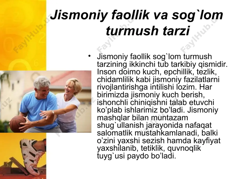 ta’lim berish - yuksak ishchanlik qobiliyatini tarbiyalash, salomatlikni asrash va mustahkamlash, sog`lom hayot tarziga yo’naltirish uchun kerak bo’ladigan bilim va ko’nikmalar bilan yoshlarni qurollan-tirishdir. jismoniy mashg`ulotlar jarayonida mushak-bo’g`im apparati muvaffaqiyatli mustahkamlanishi, tana vaznining kamayishi, yog`lar almashinuvi yaxshilanshi, qon zardobida xolesterin kamayishi, arterial qon bosimining darajasi me’yorga tushishi, markaziy asab tizimining yaxshilanishi, kuchli chiniqish ta’siri yuzaga kelishi, organizmning turli ekstremal ta’sirlarga chidamliligi mustahkamlanishi isbotlangan, ya’ni jismoniy mashqlarning ta’siri organizmning amalda barcha a’zolari va tizimlarining ishida namoyon bo’ladi, lekin ularning yurak-qon tomir tizimiga bo’lgan ta’siri eng muhimdir. yaxshi jismoniy holatda bo’lish quyidagi tarkibiy qismlaridan tashkil topadi: jismoniy rivojlanish darajasini belgilovchi ko’rsatkichlar va ularni aniqlash usullari 1) chidamlilik – uni sog`lom yurak ta’minlaydi. yurak uchun eng yaxshi mashqlar – organizm eng ko’p kislorod iste’mol qiladigan mashqlardir. piyoda yurish, yugurish, velosipedda yurish, suzish, aerobika organizmning chidamliligini oshiradi. 2) epchillik – yaxshi jismoniy holatda bo’lgan inson o’z harakatlarini muvozanatlashtira olishi va tez reakstiyaga ega bo’lishi …