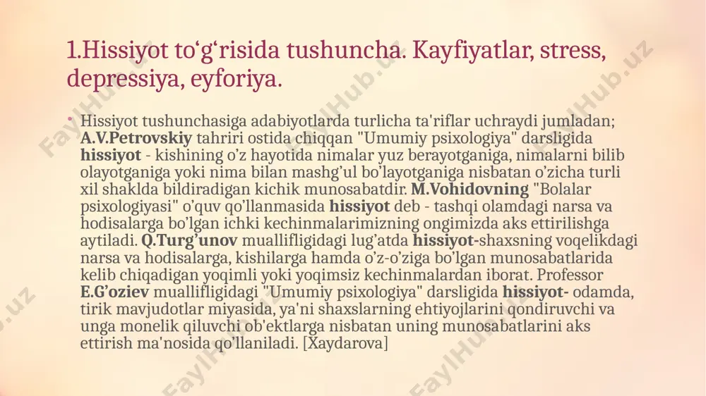 'ektiv xarakterga ega bo’ladilar, lekin ularning tashqi ifodasi ham bo’ladi. masalan, hushchaqchaq odam bilan g’amgin odamning yuz ifodasini ko’z oldimizga keltirib ko’rish mumkin. aynan mazkur jarayon psixologiyada ambivalentlik yoki ikki taraflamalik deb ataladi. ambivalentlik - lotincha har tomonlama kuchga ega ma'nosini anglatib kishining bir ob'ektning o’ziga nisbatan bir vaqtning o’zida paydo bo’ladigan bir-biriga qarama - qarshi emosional irodaviy holatdir. . kayfiyatlar: kayfiyat – bu u yoki bu emotsiyalarning barqaror kechinmasi. uzoq davom etuvchi, hulq-atvorni bezovchi emotsional holat. uni individning shaxsiy tomonlarini, asosiy hayotiy hissiyotlarini, ishiga nisbatan muvaffaqiyat yoki muvaffaqiyatsizlik, qulay yoki noqulay sharoit, odamlar munosabatlaridagi madaniyat darajasi, ichki holat kabilarni qamrab oluvchi ta’sirlar keltirib chiqaradi. kayfiyatda hissiyotlar va sezgilarning rag‘batlantiruvchi vazifasi, ularning inson faoliyatiga ta’siri namoyon bo‘ladi. kayfiyat ijobiy yoki salbiy, ma’lum jadallik, ifodalanish, zo‘riqish va barqarorlikka ega bo‘lishi mumkin. stress stress (inglizcha stress so’zdan olingan bo’lib, o’zbekcha bosim, zo’riqish ma’nosini bildiradi)- xar hil turdagi ekstremal ta’sirlarga javob sifatida vujudga …