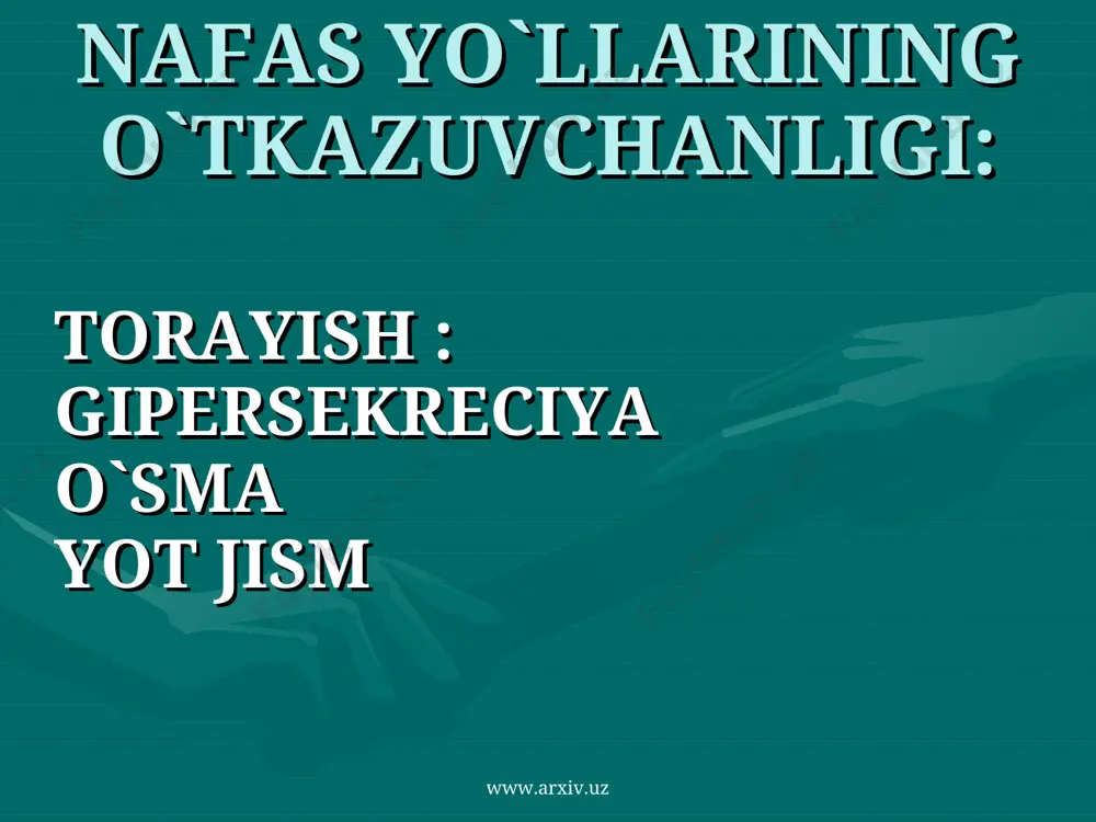 >) www.arxiv.uz www.arxiv.uz prognostik astmatik indeks genetik markerlar bo`lmasligi mumkin anamnezida: hansirashning takrorlanib turishi atopik dermatit ota-onalarida astma mavjud 4% va > eozinofiliya shamollash belgilarisiz hansirash allergik rinit www.arxiv.uz www.arxiv.uz an`anaviy hansirashning klinik xususiyatlari debyut 2 yoshgacha allergik moyillik o`rvi paytida shamollashsiz kechalari simptomlarni kuchayishi doimiy hansirashda kistofibroz, trn, tyun, yot jism bilan differencial tashxis o`tkaziladi www.arxiv.uz www.arxiv.uz rentgenografiya hansirash takroran kuzatilganda oddiy rentgenografiya ikki proekciyada (old-orqa va lateral) ko`rsatilgan показана при повторной одышке простая рентгенограмма грудной клетки в двух проекциях: передне-задней и латеральной www.arxiv.uz www.arxiv.uz hansirashning atipik variantlarini klinik xususiyatlari gerk, aspiraciya bilan bog`liq qusish bilan birga kechadi ovqat berilayotganda yo`tal va nafas yetishmovchiligi boshlanadi www.arxiv.uz www.arxiv.uz e`tiborga loyiq belgilar boshlang`ich simptomlar tug`ilganidan boshlab aniqlanadi hansirash haftalab va oylab cho`ziladi rivojlanishini orqada qolishi bilan kechadi antiastmatik preparatlarga javob buzilgan www.arxiv.uz www.arxiv.uz differencial tashxis reflyuksga qarshi aspiraciya disfagiya o`pka kistifibrozi yot jism aspiraciyasi nafas yo`llari shilliq qavati faoliyatini buzilishi tyun …