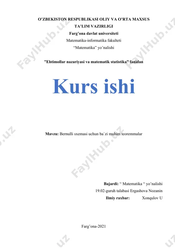 da turli xil ta’rif, tushuncha va misollardan foydalaniladi. kurs ishini tayyorlash jarayonida bernulli sxemasi haqida o’rganilib, ularga doir misollar tahlil qilinadi. kurs ishining yangiligi va amaliy ahamiyati. kurs ishi referativ-uslubiy xarakterga ega bo’lgani uchun ilmiy yangilik qilinmagan. mavzuga oid bir nechta adabiyotlardan ma’lumotlarni to’plash tahlil qilish va misollarga tatbiq qilishdan iborat. kurs ishining uslubiyati. kurs ishi nazariy xarakterga ega bo’lib, olingan natijalar boshqa adabiyotlar bilan taqqoslanib mavzuga oid misollarni yechishda sodda usullar keltirilgan. i bob. boshlang‘ich tushunchalar 1.1. kombinatorika elementlari kombinatorika – bu diskret matematikaning diskret tо‘plam elementlarini berilgan qoidalar asosida tanlash va joylashtirish bilan bog‘liq masalalarni yechish usullarini о‘rganuvchi bо‘limidir. qandaydir predmetlardan tashkil topgan guruhlar birikmalar yoki kombinatsiyalar deb ataladi. uch xil turdagi kombinatsiyalar bor: о‘rin almashtirish, о‘rinlashtirish va mosliklar. о‘rin almashtirishlar n ta elementli о‘rin almashtirishlar deb, bir-biridan faqat elementlarining tartibi bilan farq qiladigan n ta elementli birikmalarga aytiladi. masalan, 3 ta elementdan 6 ta о‘rin almashtirish bajarish …