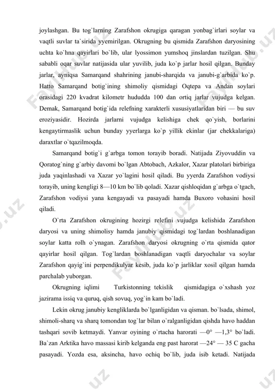 ikulyar kesib, juda ko`p jarliklar xosil qilgan hamda parchalab yuborgan. okrugning iqlimi turkistonning tekislik qismidagiga o`xshash yoz jazirama issiq va quruq, qish sovuq, yog`in kam bo`ladi. lekin okrug janubiy kengliklarda bo`lganligidan va qisman. bo`lsada, shimol, shimoli-sharq va sharq tomondan tog`lar bilan o`ralganligidan qishda havo haddan tashqari sovib ketmaydi. yanvar oyining o`rtacha harorati —0° —1,3° bo`ladi. ba`zan arktika havo massasi kirib kelganda eng past harorat —24° — 35 c gacha pasayadi. yozda esa, aksincha, havo ochiq bo`lib, juda isib ketadi. natijada iyulning o`rtacha harorati 26° —28°s atrofida bo`lib, eng yuqori harorat esa 40° —44°s ga yyetadi. okrugga bahor va kuzda ba`zan arktika havo massalari bostirib kelib, havoni sovitib yuboradi. bahorda bo`ladigan oxirgi sovuqlar taxminan mart oyining uchinchi o`n kunligiga, kuzgi barinchi sovuqlar esa oktabr oyining uchinchi o`n kunligiga to`g`ri keladi. okrugda bir yilda 213—215 kun sovuq bo`lmaydi. harorat +10°s dan yuqori bo`lgan kunlar soni 212—215, vegetao`iya davridagi ijobiy haroratlarning yig`indisi esa …