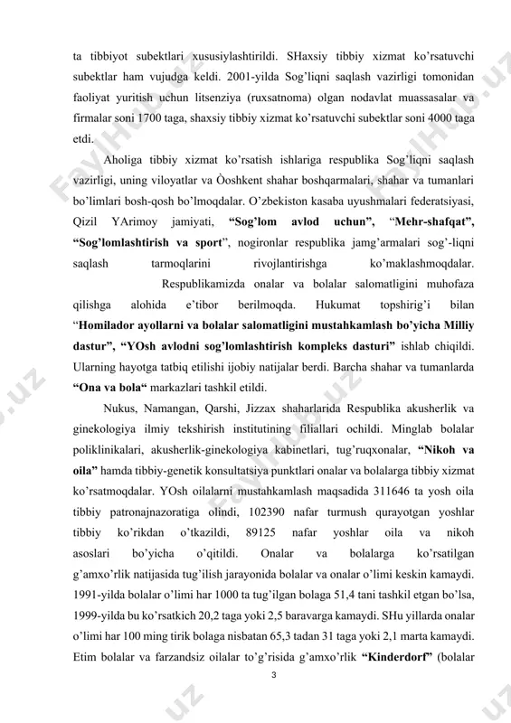 xo’jalik hisobidagi tibbiy ko’rik poliklinikalar, jami 342 ta tibbiyot muassasalari, 1999—2001-yilda 154 ta tibbiyot subektlari xususiylashtirildi. shaxsiy tibbiy xizmat ko’rsatuvchi subektlar ham vujudga keldi. 2001-yilda sog’liqni saqlash vazirligi tomonidan faoliyat yuritish uchun litsenziya (ruxsatnoma) olgan nodavlat muassasalar va firmalar soni 1700 taga, shaxsiy tibbiy xizmat ko’rsatuvchi subektlar soni 4000 taga etdi. aholiga tibbiy xizmat ko’rsatish ishlariga respublika sog’liqni saqlash vazirligi, uning viloyatlar va òoshkent shahar boshqarmalari, shahar va tumanlari bo’limlari bosh-qosh bo’lmoqdalar. o’zbekiston kasaba uyushmalari federatsiyasi, qizil yarimoy jamiyati, “sog’lom avlod uchun”, “mehr-shafqat”, “sog’lomlashtirish va sport”, nogironlar respublika jamg’armalari sog’-liqni saqlash tarmoqlarini rivojlantirishga ko’maklashmoqdalar. respublikamizda onalar va bolalar salomatligini muhofaza qilishga alohida e’tibor berilmoqda. hukumat topshirig’i bilan “homilador ayollarni va bolalar salomatligini mustahkamlash bo’yicha milliy dastur”, “yosh avlodni sog’lomlashtirish kompleks dasturi” ishlab chiqildi. ularning hayotga tatbiq etilishi ijobiy natijalar berdi. barcha shahar va tumanlarda “ona va bola“ markazlari tashkil etildi. nukus, namangan, qarshi, jizzax shaharlarida respublika akusherlik va ginekologiya ilmiy …