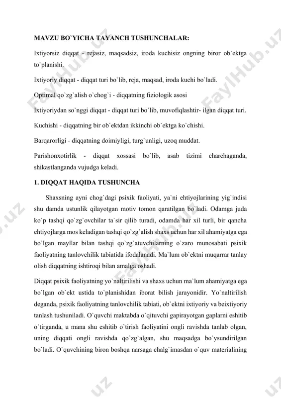 shu tanlanganni saqlab va qo`llab-quvvatlash tushuniladi. o`quvchilar diqqatini jalb qilish qiyinligini har qanday pedagog biladi. buning uchun maxsus pedagogik usullardan foydalanish zarur bo`ladi. diqqatda psixik faoliyatning yo`naltirilishi bilan birga uning to`planishi mazkur faoliyatga hech qanday aloqasi bo`lmagan boshqa narsalardek, hamma faoliyatdan diqqatni chalg`itish demakdir. diqqatning bir joyga to`planishi deganda mazkur faoliyatga butunlay berilish, unga ozmi - ko`pmi chuqur e`tibor berish tushuniladi. qandaydir bir suratli kitobni tez ko`rib chiqish maqsadida uni varaqlab chiqish mumkin. bunday holda diqqatning to`planishi kuchli bo`lmaydi. birorta qiyinroq kitobni undagi har bir bayon qilingan fikrni tushunib olishga intilib va undagi murakkab masalani boshidan oxirigacha tushunib olish har tomonlama o`zaro munosabatlarni qarab chiqish maqsadida uqish mumkin. bu holatdagi diqqatning to`planishi juda kuchli bo`ladi. masalan: uyga topshiriq berilgan inshoni yozib o`tirgan o`quvchi ba`zan uyda boshqalarning gapini, radioning ovozini eshitmaydi. unda diqqatniing to`planishi kuchli bo`ladi. 2. diqqatning fiziologik asoslari diqqat ma`lum nerv markazlarining qo`zg`alishi va miyadagi boshqa nerv markazlarining tormozlanishi …