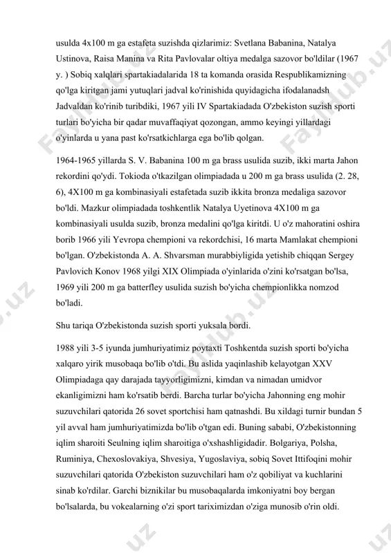 . 1988 yili 3-5 iyunda jumhuriyatimiz poytaxti toshkentda suzish sporti bo'yicha xalqaro yirik musobaqa bo'lib o'tdi. bu aslida yaqinlashib kelayotgan xxv olimpiadaga qay darajada tayyorligimizni, kimdan va nimadan umidvor ekanligimizni ham ko'rsatib berdi. barcha turlar bo'yicha jahonning eng mohir suzuvchilari qatorida 26 sovet sportchisi ham qatnashdi. bu xildagi turnir bundan 5 yil avval ham jumhuriyatimizda bo'lib o'tgan edi. buning sababi, o'zbekistonning iqlim sharoiti seulning iqlim sharoitiga o'xshashligidadir. bolgariya, polsha, ruminiya, chexoslovakiya, shvesiya, yugoslaviya, sobiq sovet ittifoqini mohir suzuvchilari qatorida o'zbekiston suzuvchilari ham o'z qobiliyat va kuchlarini sinab ko'rdilar. garchi biznikilar bu musobaqalarda imkoniyatni boy bergan bo'lsalarda, bu vokealarning o'zi sport tariximizdan o'ziga munosib o'rin oldi. vaqt o'tgan sayin jumhuriyatimiz shon-shuhratini himoya qiluvchi sportchilarimiz tobora ko'paya bordi. jismoniy tarbiya va sport turlari yanada rivojlandi. suzish sporti ham taraqqiylasha bordi. maxsus zamonaviy basseynlar soni ko'paydi, eskilari ta'mirlandi. yoshlar o'rtasida suzishga bo'lgan qiziqish ortdi. natijada, nomlari yuqorida tilga olib o'tilgan rekordchilar, chempionlar: sovrindorlar …