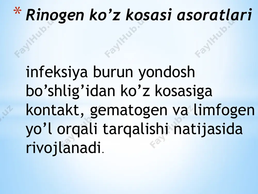 kosasi to’qimasining tarqoq yiringsiz yallig’lanishi. bemorda ek-zoftalm kuzatiladi, qovoqlari qizarib shishib, ko’zi va boshi og’riydi, tana harorati ko’tariladi. ko’z sohasi bosilganda og’riydi. ba’an bemorda xemoz va ko’rish o’tkirligini pasayishi kuzatiladi. asosan surunkali polisinusitdan keyin rivojlanadi. ko’z kosasi devorining osteoperiostiti ko’pincha o’tkir va surunkali frontitda rivojlanadi. bemorning tana harorati ko’tarilib, boshi og’rib, yuqori qovog’i shishib, ko’z shilliq pardasining qon tomirlari qonga to’lganligi ko’rinadi, ekzoftalm, ba’zan xemoz kuzatiladi; ko’z olmasi ko’pincha pastga siljiydi, yuqoriga harakati cheklanib, yallig’langan may don paypaslanganda va ko’z olmasi harakatlanganda og’riydi. etmoidit sabab bo’lgan osteoperiostitda ko’z qovoqlarining asosan ichki qismi shishadi.gaymoritda osteoperiostit asorati kam uchrsydi; be-morda pastki qovog’i va ko’z shilliq pardasining pastki qismi shishib, xemoz kuzatiladi. chuqur osteoperiostitda ko’z olmasi yuqoriga siljib,oldinga bo’rtib turadi. jarayon rivojlanganda bemorning ko’z kosasida subperiostal ichki qismining ho’ppoz shakllanadi. qovoqlar keskin qizarib, terisi shishib, qattiqlashadi reaktiv shishi shadi, xemoz kuchayadi, ko’z olmasi oldinga siljib, harakatlari cheklanadi ko’z olmasi bosilganda yoki faol harakatlantirilganda …