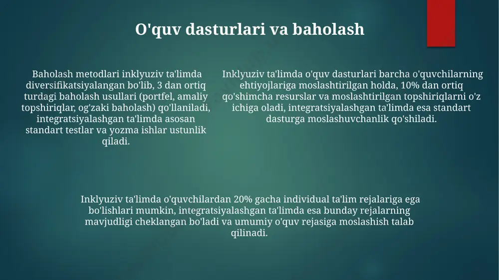 . integratsiyalashgan ta'lim resurslari, jumladan, maxsus o'quv materiallari va moslashtirilgan texnologiyalar, har doim ham yetarli bo'lmasligi mumkin, bu esa o'quv jarayoniga salbiy ta'sir ko'rsatishi mumkin. muvaffaqiyatli amalga oshirish uchun shart-sharoitlar o'quv dasturlarini 100% inklyuzivlik tamoyillariga moslashtirish uchun individual ehtiyojlarga javob beradigan differensiatsiya qilingan ta'lim uslublaridan foydalanish va baholovchi vositalarni xar xil formatda qo'llash muhim. inklyuziv sinflarni samarali boshqarish uchun o'qituvchilar va ota-onalar o'rtasida muntazam, kamida oyiga 2 marta, hamkorlik va muloqotni ta'minlash mexanizmi yo'lga qo'yilishi kerak. muvaffaqiyatli inklyuziv ta'limni amalga oshirish uchun kamida 30% o'qituvchilar malakasini oshirish va qo'shimcha resurslar, jumladan, maxsus jihozlar va moslashtirilgan dasturlar ta'minlanishi zarur. kelajakdagi istiqbollar inklyuziv yondashuv bilan o'qituvchilarning malaka oshirish kurslarida ishtirok etish darajasi 20% ga oshishi, integratsiyalashgan ta'limda esa bu ko'rsatkich 5% dan oshmaydi. integratsiya o'quv jarayoniga 5 dan ortiq qo'shimcha xizmatlarni qo'shishni talab qilishi mumkin, inklyuziya esa mavjud tizimni moslashtirishga qaratilgan. integratsiya o'quv jarayoniga 5 dan ortiq qo'shimcha xizmatlarni qo'shishni talab qilishi …