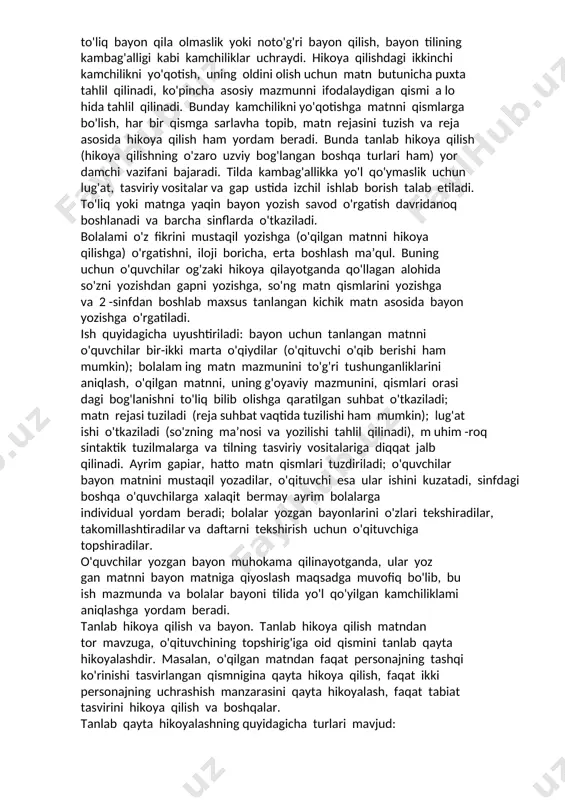 asida uchraydigan va uchragan analogik holatga e ’tibor berish. boshqacha qilib aytganda, har bir darsda m a’lum ta’lim maqsadi asosida qayta hikoyalashga muntazam o'rgatib borish zarur. tomiq yoki matnga yaqinlashtirib qayta hikoyalash va bayon qayta hikoya qilish va bayonning bu turi boshqa turlariga nisbatan boshlang'ich sinflarda ko'p o'tkaziladi, chunki bu o'qilgan matnni butun detallari va bog'lanishlari bilan bolalar yodida mustahkamlash, namunaviy matnning mazmuni va tilini o'zlashtirish vositasi bo'lib ham xizmat qiladi. bolalar tez yodlab oladigan kichik matnni, sh e’riy misralarni buzmaslik uchun sh e’rni, ayniqsa, butun bir poetik obrazni tasvirlovchi lirik sh e’m i hikoya qilish tavsiya etilmaydi. to'liq hikoya qilish uchun dastlab aniq sujetli, hikoya uslubida yozilgan matn tanlanadi, keyin bolalar hikoyaga tasviriy (tabiat lasviri, kishilar va boshqa predmetlarning tashqi ko'rinishi tasviri) va muhokama elementlarini kiritishni o'rganadilar. hikoya qilishga o'rgatish vaqtida o'quvchilarni „bu fikr yozuv­ chi asarida qanday ifodalangan?" savoliga javob berishga o'rgatish maqsadga muvofiqdir. bola hikoya qilishga qiziqsa, …