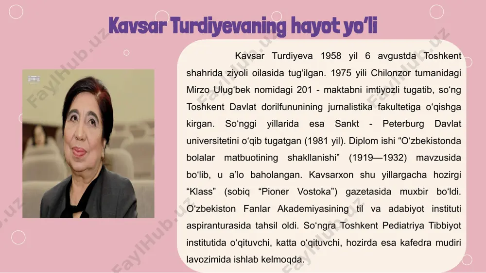 she’riyatida ma’naviyat muammolari” deb atalgan. hozir u “so‘nggi davr o‘zbek bolalar adabiyotining rivojlanish tamoyillari” mavzusida doktorlik dissertatsiyasi ustida ish olib bormoqda. u hamdo‘stlik mamlakatlarining moskva va yaltada bo‘lib o‘tgan bolalar adabiyoti vakillari anjumanida ishtirok etgan. kavsar turdiyeva bolalar prozasida ham chiroyli qalam tebratmoqda. uning “gulxan” jurnalida chop etilgan turkum hikoyalari va “allo, 03 mi?” ertak sini o‘quvchilar qiziqib kutib olishdi. kavsar turdiyeva bolalar kinochiligi sohasida ham ish olib bormoqda. uning “zumrasha” hajviy kino jurnali uchun tayyorlagan “ma’naviyatli bo‘laylik”, “sumalak va tilak”, “yodlasam bo‘lmasmidi” kabi syujetlari turli kino anjumanlarida yuqori baholandi. u yozgan qo‘shiqlarni bolalar zavq bilan ijro etadilar. k.turdiyeva multfilmlar va telefilmlar uchun yozilgan qo‘shiqlar muallifi hamdir. uning “sintaktik ertak”, “so‘z turkumlariga atalgan she’rlar”i til darslarida, “alpomishni o‘qib”, “navoiy”, “cho‘lpon” she’rlari adabiyot darslarida o‘tish uchun mo‘ljallangan. “yo‘l harakat qoidalari” “raqamlar bo‘ylab sayoxat”, “sehrli harflar oroli” turkumlari esa boshlang‘ich sinf darsliklariga ko‘shimcha qo‘llanmalardir. shoira bog‘chalar uchun harakatli o‘yin, ko‘shik va ssenariylardan …