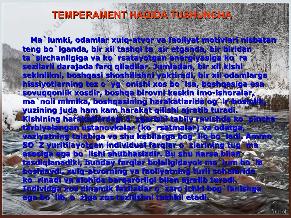 -tuyg`ularga, harakatlari va nutqi bir xil maromda bo`lgan, ruhiy holati tashqi tomondan ifoda etilmaydigan kishi flegmatik deb ataladi. xolerik juda g`ayratli, ishga juda ehtiros bilan berilish qobiliyatiga ega bo`lgan, tez va shiddatli, qizg`in emosional "portlash" va kayfiyatning keskin o`zgarishlariga moyil, ildam harakatlar qiladigan kishi xolerik deb ataladi. melanxoliklar ta`sirchan, chuqur kechinmali, gap ko`tara olmaydigan, ammo atrofdagi voqealarga unchalik e`tibor bermaydigan, o`zini to`xtata oladigan harakatlar qiladigan va sekin ovoz chiqaradigan kishilar melanxoliklar deb ataladi. temperament va faoliyat uslubi. temperamentning har bir tipiga psixik xossalarning o`z nisbati, avvalo, har xil darajadagi faollik va emosionallik, shuningdek motorikaning u yoki bu xususiyatlari xosdir. dinamik ko`rinishlarning muayyan strukturasi temperament tipini belgilaydi. temperament va faoliyat uslubi. barcha odamlarni to`rtta tip bo`yicha taqsimlash mumkin emasligi tushunarli. temperamentlarning turli -tumanligi to`g`risidagi masala fanda hali batafsil hal qilingan emas, ammo aytilgan tiplarni asosiy deb hisoblash mumkin. bu tiplar sof holda hayotda ancha kam uchraydi. yana ko`pgina o`tkinchi, oraliq yoki …