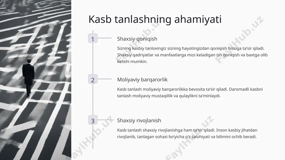 fessional testlardan o'tish. amaliyot turli kasblarda ishlash bo'yicha amaliy ko'nikmalar va tushunchalarga ega bo'lish uchun turli sohalarda tajriba. maslahatlashuvlar turli kasblarning xususiyatlarini tushunish uchun turli sohalardagi mutaxassislardan maslahat olish. 5 konsultatsiyalar va testlar professional sinov qobiliyatlar, iste'dodlar va potentsial martaba yo'llarini aniqlash uchun professional testlardan o'tish. mutaxassislar bilan maslahatlashuvlar siz tanlagan kasbingiz haqida qimmatli maslahat va ma'lumotlarni olish uchun tajribali mutaxassislar bilan muloqot. 6 ota-onalar va o'qituvchilarning roli 1 hikmat manbasini qo'llab-quvvatlash ota-onalar va o'qituvchilar qimmatli maslahatlar berishlari va kasbiy qarorlar qabul qilishda yordam berishlari mumkin. 2 mentorlik ko'proq tajribali odamlarning bilim va tajribasi turli kasblar va martaba yo'llarini tushunish uchun qimmatli manba bo'lishi mumkin. 7 qarorlarni qo'llab-quvvatlash 1 psixologdan kasb tanlash bilan bog'liq shubha va qo'rquvlarni yengishda yordam. 2 siz tanlagan sohangiz bo'yicha tajribali mutaxassislardan maslahat va ko'rsatmalar oling. 8 karyera rejalashtirish va maqsadlarga erishish maqsadlarni belgilash harakat rejasini ishlab chiqish qobiliyatni rivojlantirish ustuvorlik o'z-o'zini rivojlantirish va o'qitish taraqqiyot …