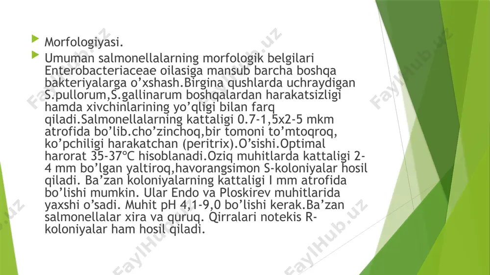 ning shilimshiqli najasidan,halqumidagi ajralmalardan ko’plab salmonellalar topiladi. salmonellyoz bilan hayvonlar ham ko’p kasallanadi,shuning uchunbu infeksiyani antrapozoonoz deyiladi. odatda salmonellalarning quyidagi turlari s.typhimurium,s.choleraesuis,s.heidelberg,s.enteritidis,s.anatum,s.newpart.s.derby. s.virchov va boshqalar odamlarda to’liq klinik belgilari bilan salmonellyoz kasalligini keltirib chiqaradi. immuniteti.bemor sog’ayganidan so’ng qoladigan tip maxsus immunitet kuchsiz va uzoq davom etmaydi. bemorning rekonvalessent zardobida past titrlarda (1:50-1:400)agglutinin,pretsipitin,bakteriolizinlar hosil bo’ladi. bir serologik variantga qarshi hosil bo’lgan immunitet ikkinchisidan himoya qila olmaydi. shuning uchun bu kasallik bilan ko’p marta kasallanish mumkin. laboratoriya tashxisi.hal qiluvchi tashxis kasallik qo’zg’atuvchisini bemordan yoki ifloslangan ovqat mahsulotlaridan ajratib olingandan so’ng qo’yiladi. bakteriologik tekshirish uchun bemor najasi, qusug’i,me’da va chayindi suvi.qon,peshob.murdaning a’zolari, qolgan ovqatlar maxsus muhitlarga ekiladi. ajratib olingan sof undirmalarning kultural va biologik xususiyatlari va ularning serologik guruhlari hamda serologik variantlari aniqlanadi. bundan tashqari, kasallikka sabab bo’lgan kultura va ovqat qoldig’ini hayvonlarga yuqtirib biologik sinama qo’yiladi.yuqorida qayd qilingan tekshiruv manbalari (qon, siydik, o’t suyuqligi, me’da-ichakajralmasi, najas va boshqalar)dan najasni tekshirish eng ishonchli …