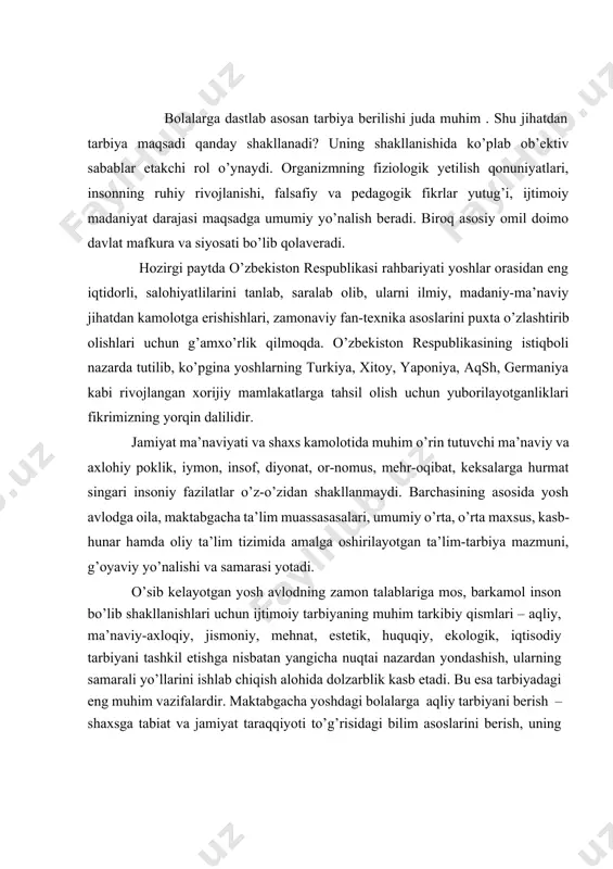 . aqliy faoliyat diqqatning har doim ma'lum maqsadga qaratilgan bo'lishini talab etadi. kishining aqli uning asosiy faoliyatida erishgan muvaffaqiyati xususiyati bilan belgilanadi. [footnoteref:3] [3: mirziyoyev sh.m. “qonun ustuvorligi va inson manfaatlarini ta’minlash – yurt taraqqiyoti va xalq farovonligi garovi” mavzusidagi o’zbekiston respublikasi konstitutsiyasi qabul qilinganining 24 yilligiga bag’ishlangan tantanali marosimdagi ma’ruzasi. – t.: “o’zbekiston”, 2017.] aqliy tarbiyasi yetuk, o'tkir zehnli, zukko va zakovatli insonlarni xalqimiz donishmand kishilar deb ataydilar. donishmandlik - bu donolik. donolik insonning eng buyuk va olijanob fazilatidir. donolik shunday bir noyob ne’matdirki, u har kimga ham nasib etavermaydi. shuning uchun bo'lsa kerak, xalq donoligida «aql toji oltindan, oltin har kimda ham bo'lmas», deyiladi. insoniyat paydo bo'lgandan beri odamlar orasida yetishib chiqqan barcha olim-u fozillar, shoir-u yozuvchilarning barchasi mukammal ilm egallash orqali o'z davrining e'tiborli kishilari darajasiga ko'tarilganlar. abu rayhon beruniy, abu nasr forobiy, abu ali ibn sino, mahmud koshg'ariy, alisher navoiy, abdulla avloniy va boshqalar, g'arb olimlaridan …
